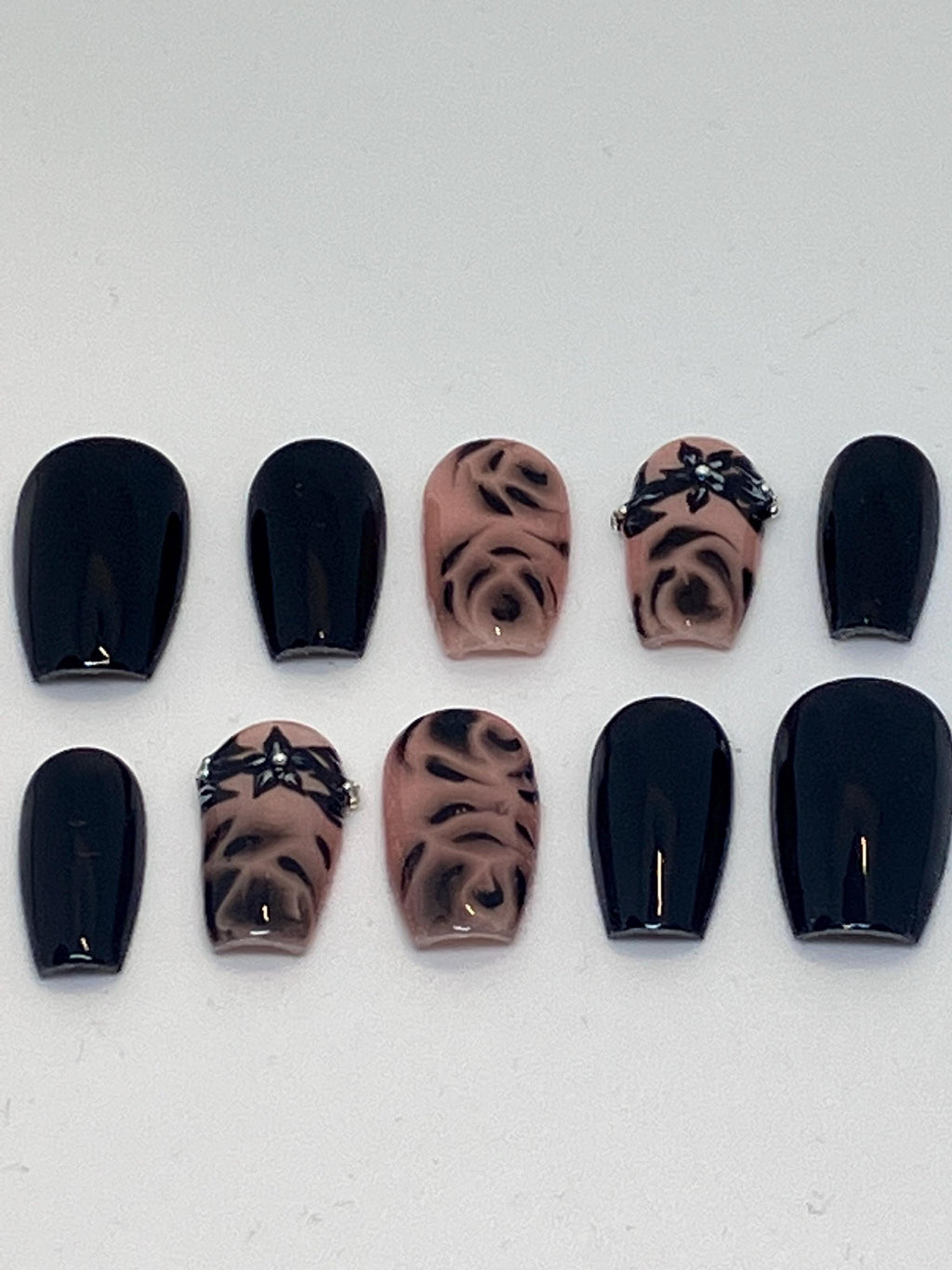 Handmade black rose design press on nails with application pack