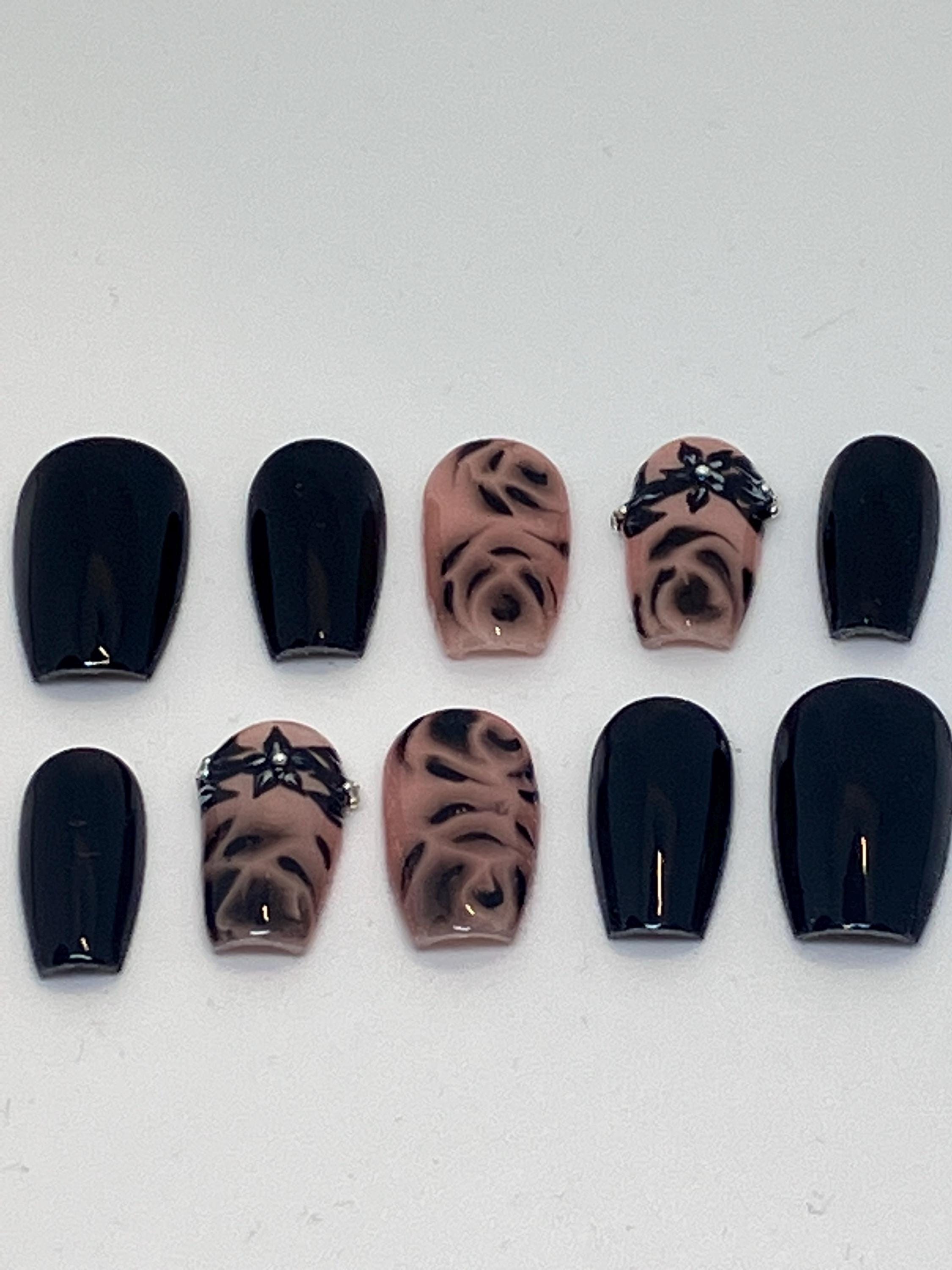 Handmade black rose design press on nails with application pack