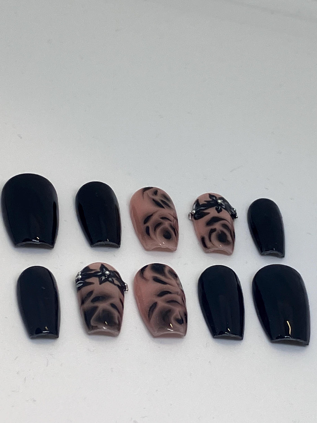 Handmade black rose design press on nails with application pack