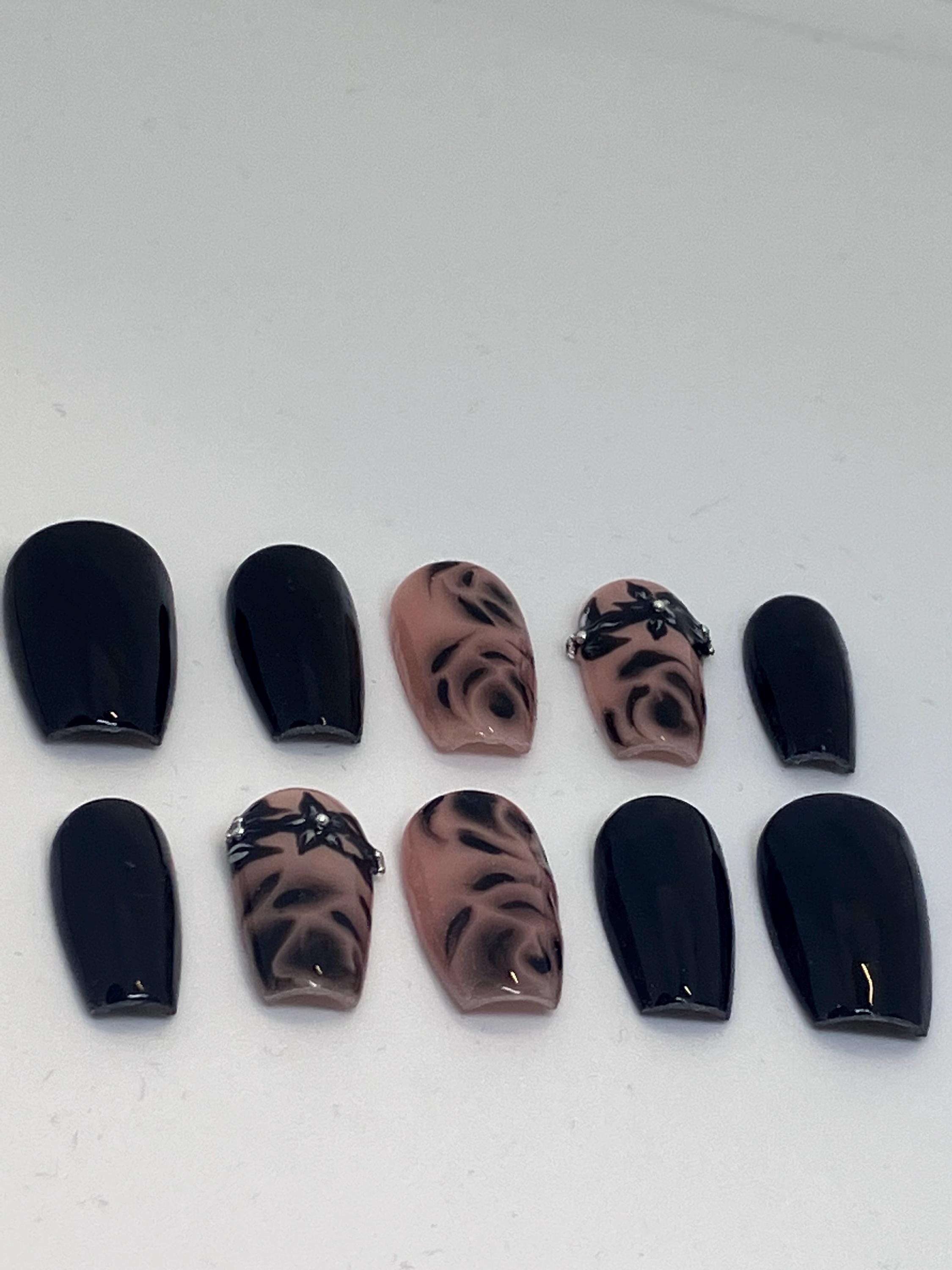 Handmade black rose design press on nails with application pack