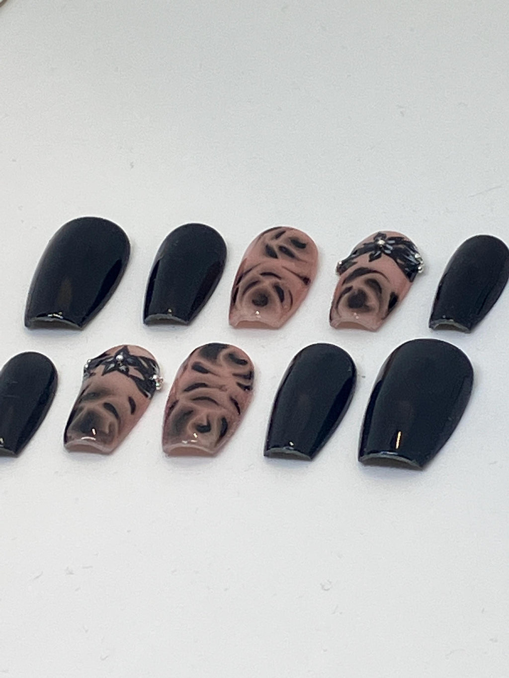 Handmade black rose design press on nails with application pack
