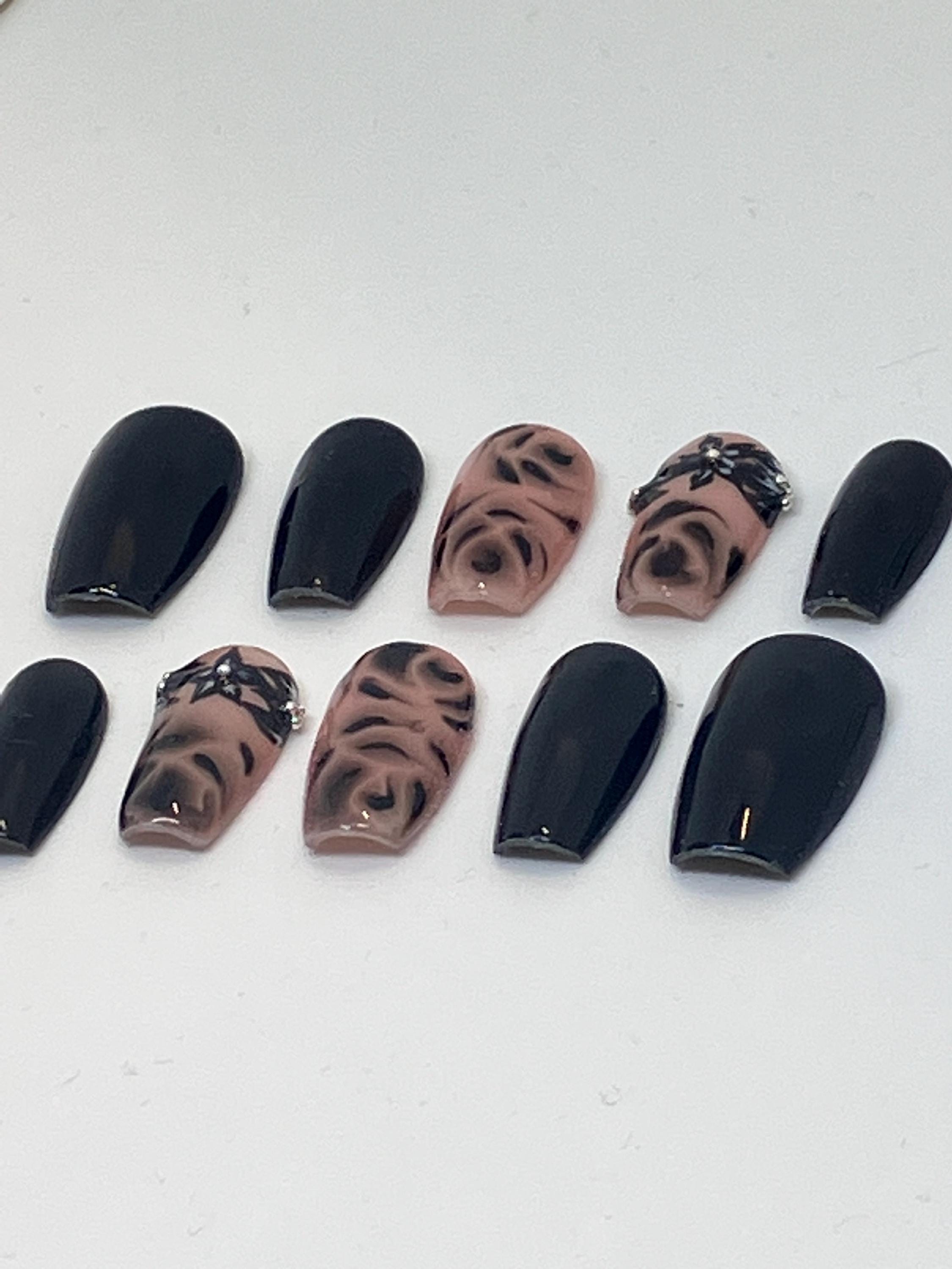 Handmade black rose design press on nails with application pack