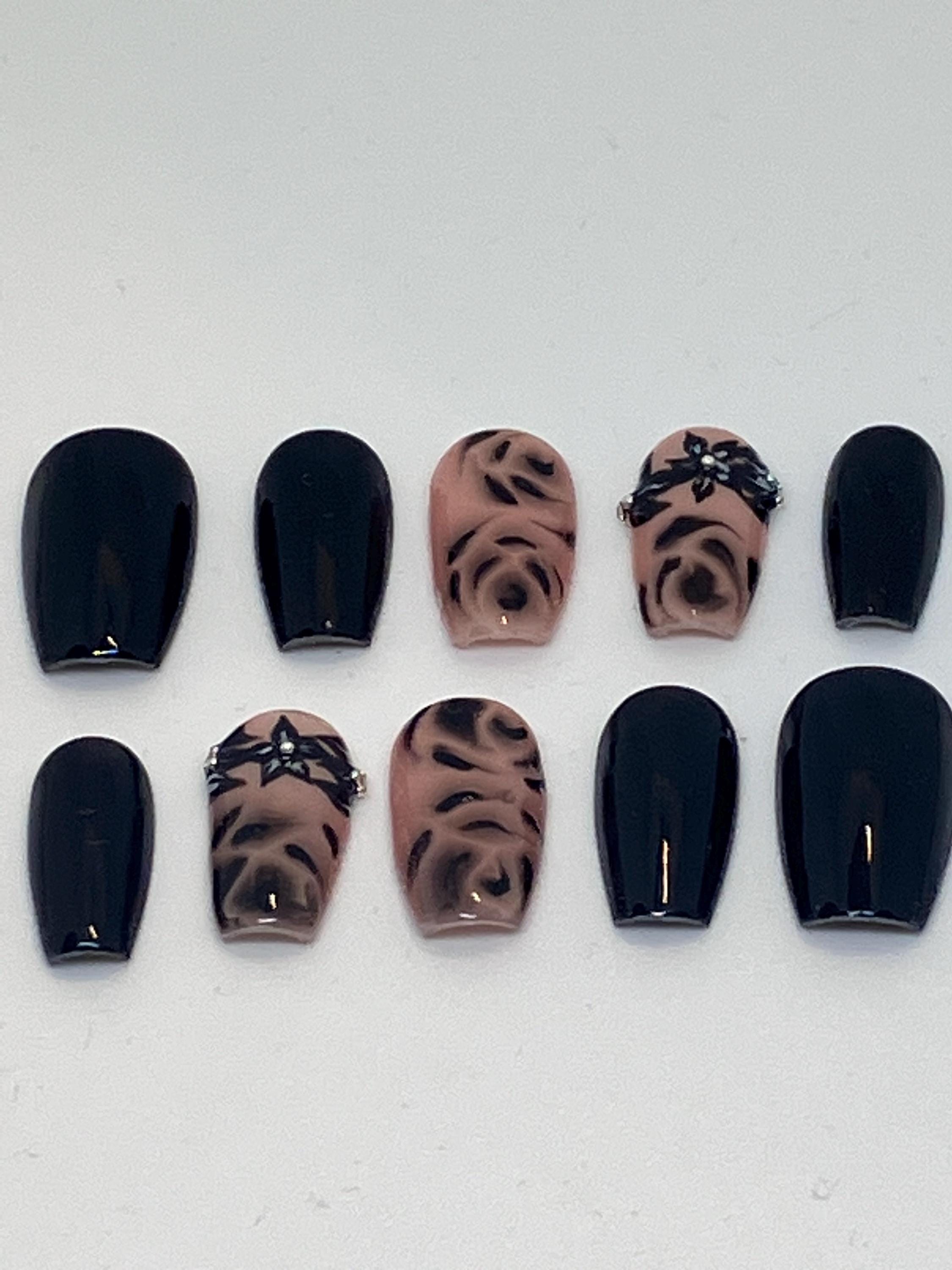 Handmade black rose design press on nails with application pack
