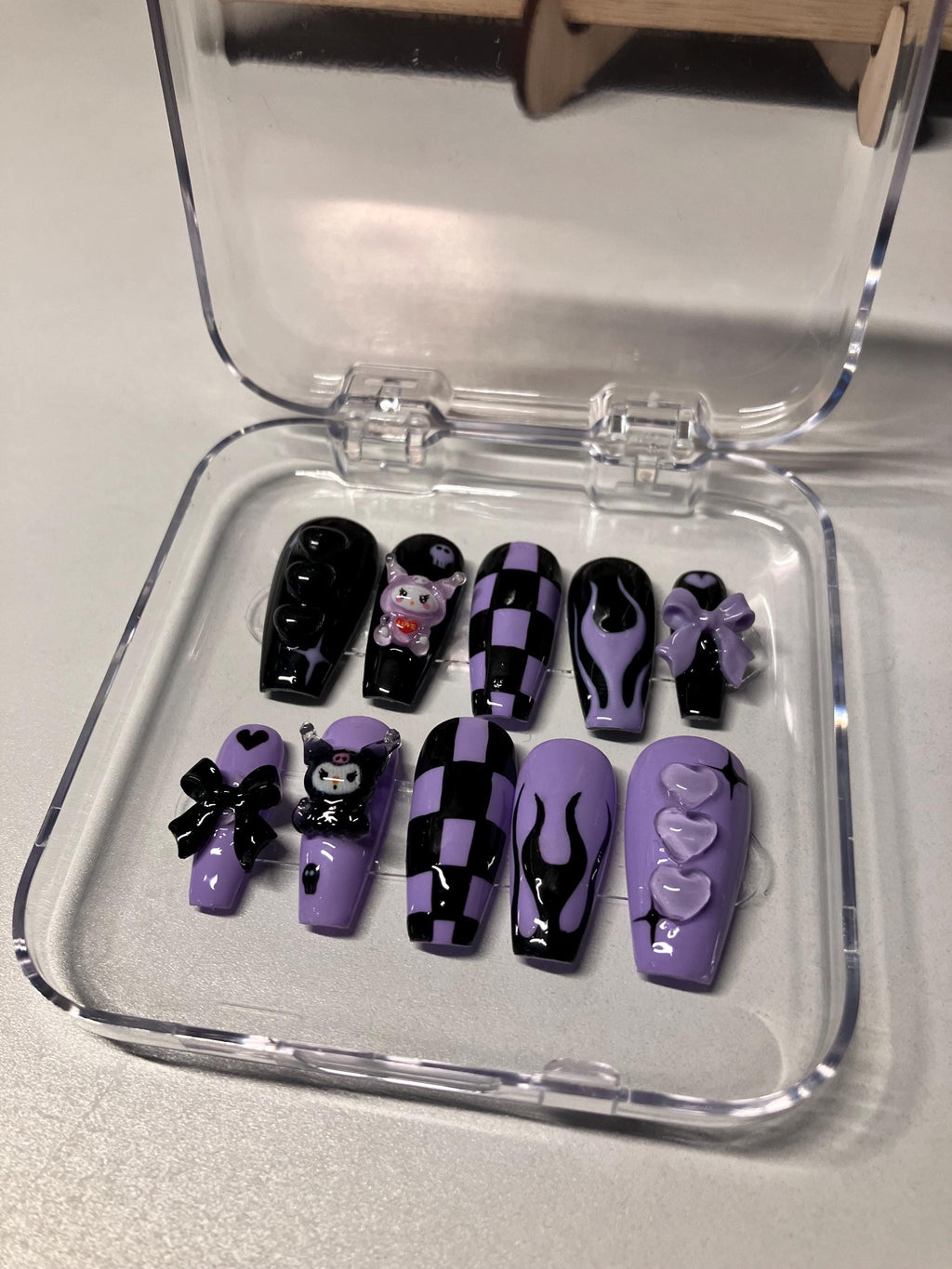 Y2K kuromi style press on nails with application pack handmade to order.