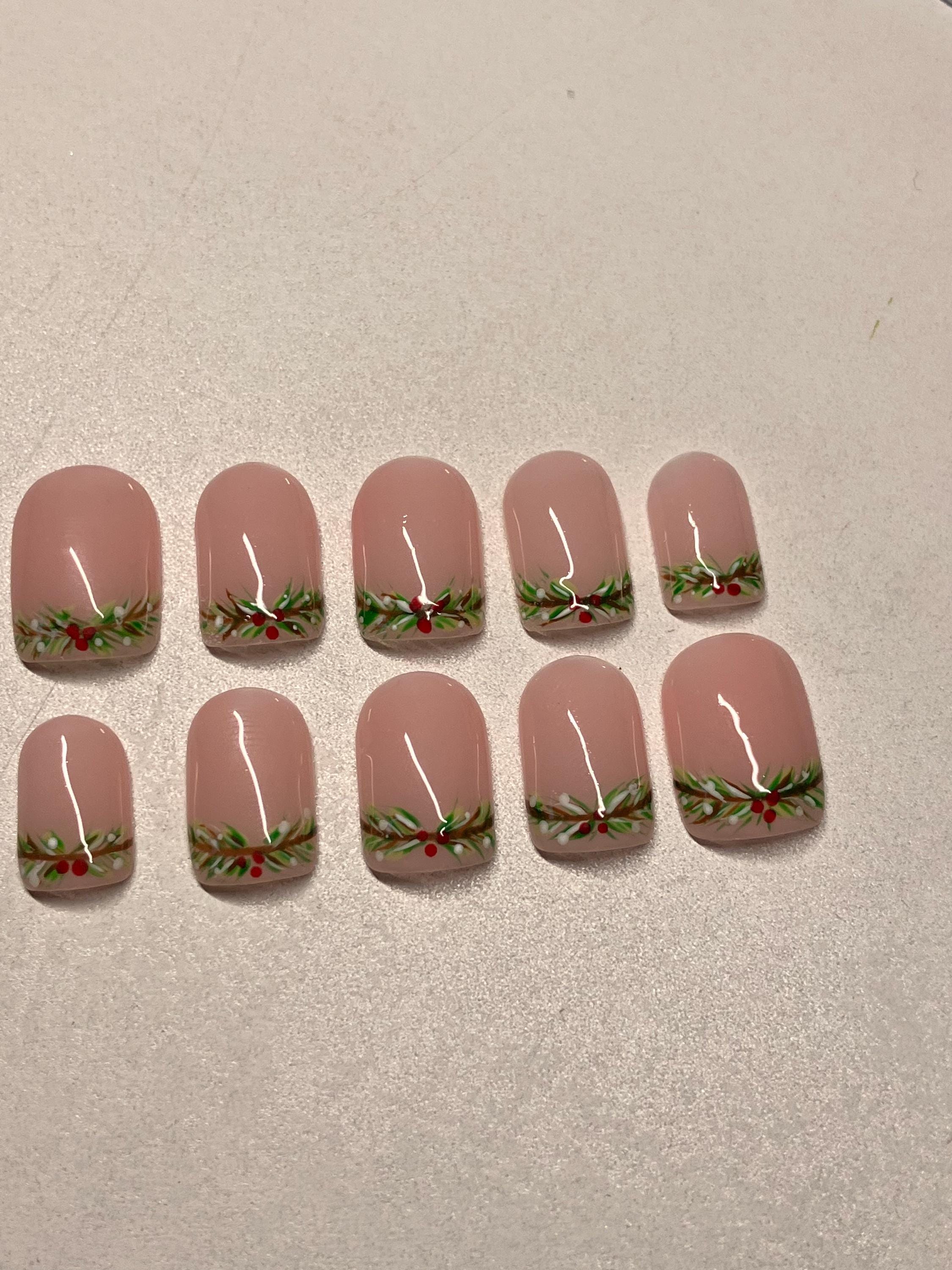 Handmade Christmas wreath press on nails with application pack and instructions.