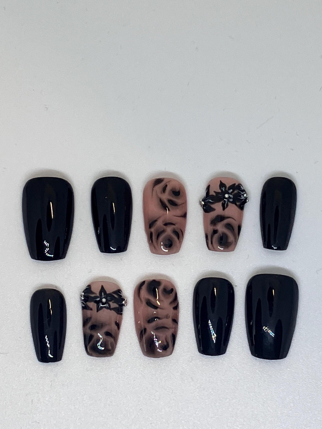 Handmade black rose design press on nails with application pack