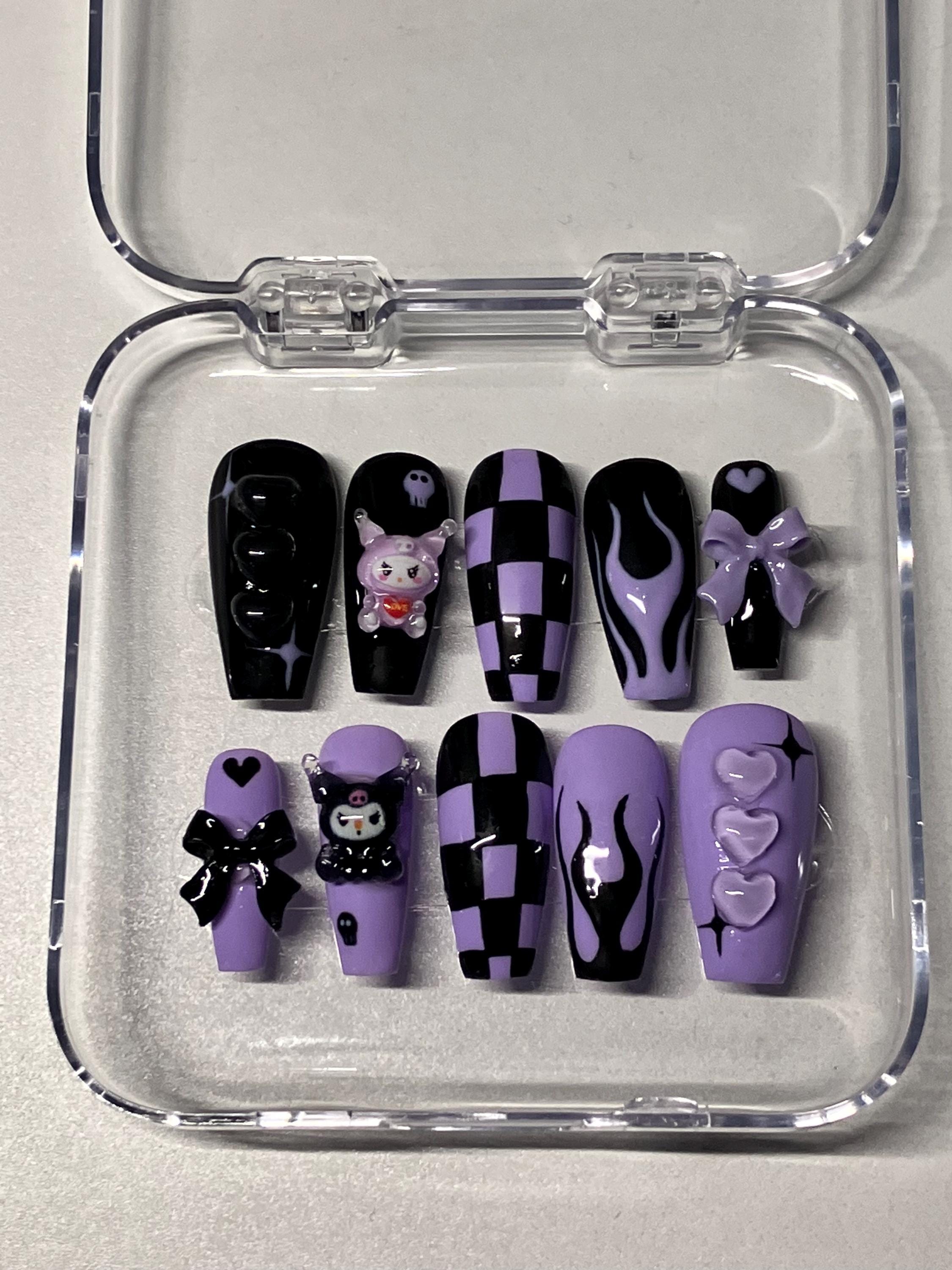 Y2K kuromi style press on nails with application pack handmade to order.