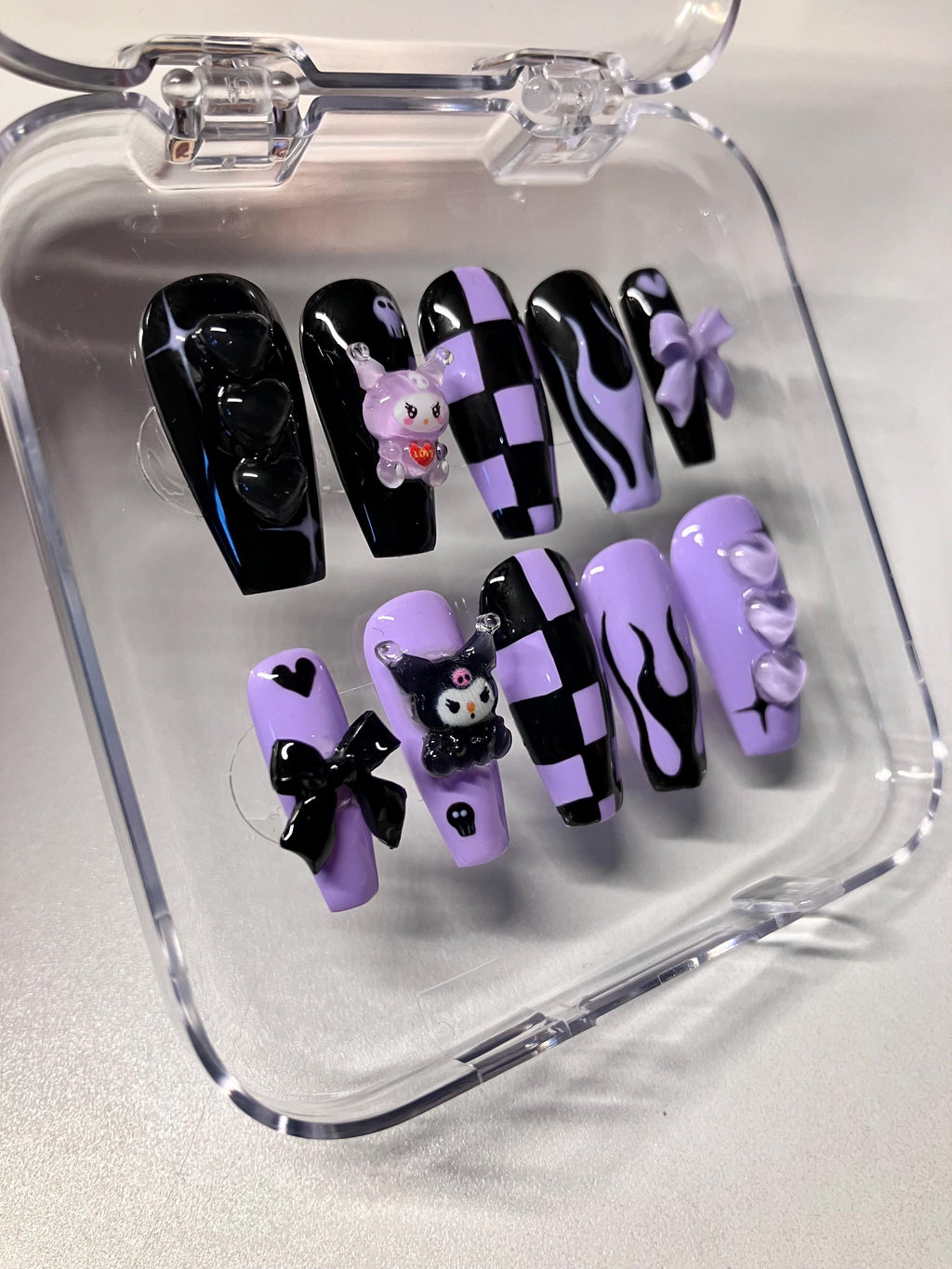 Y2K kuromi style press on nails with application pack handmade to order.