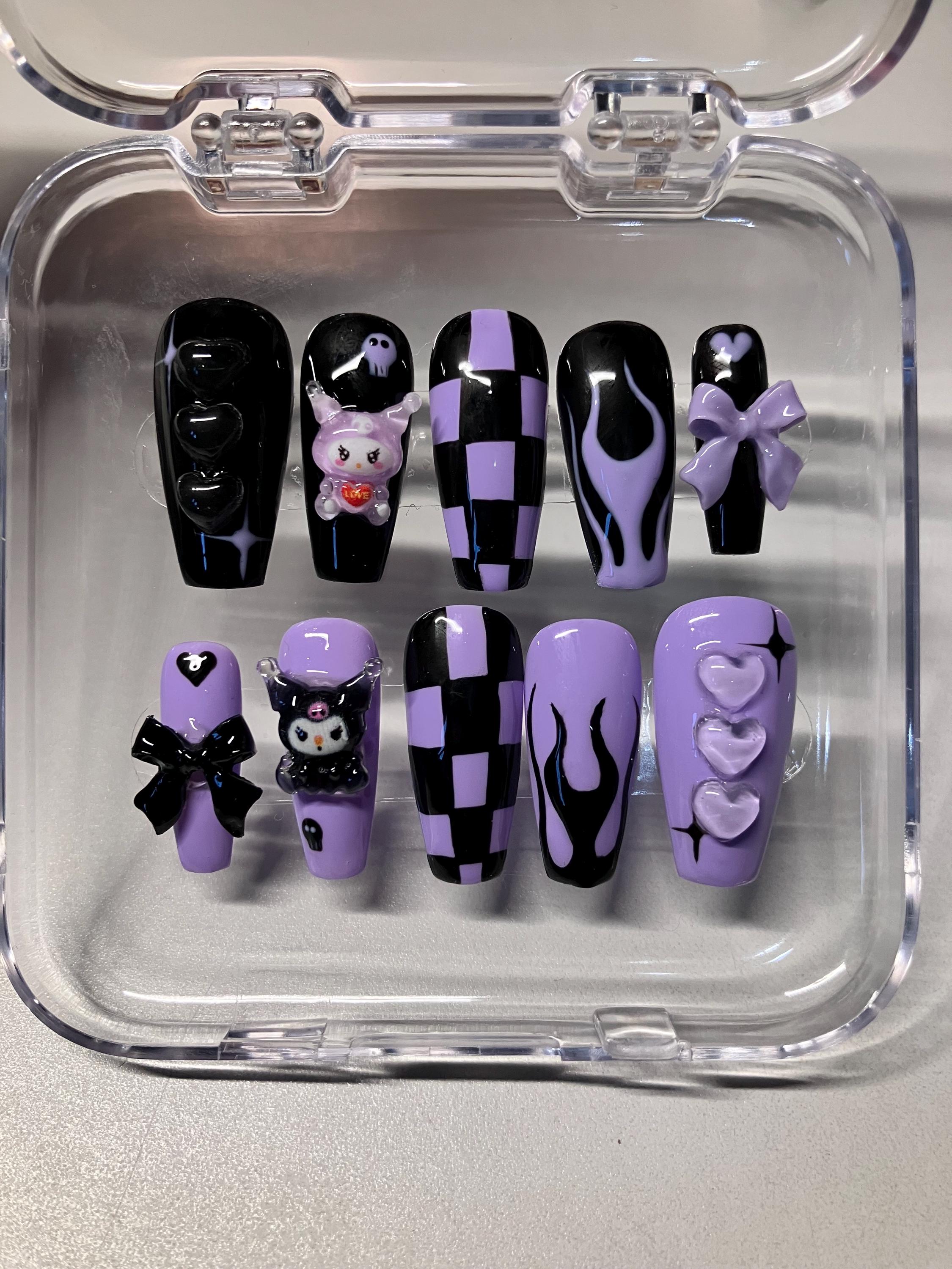 Y2K kuromi style press on nails with application pack handmade to order.