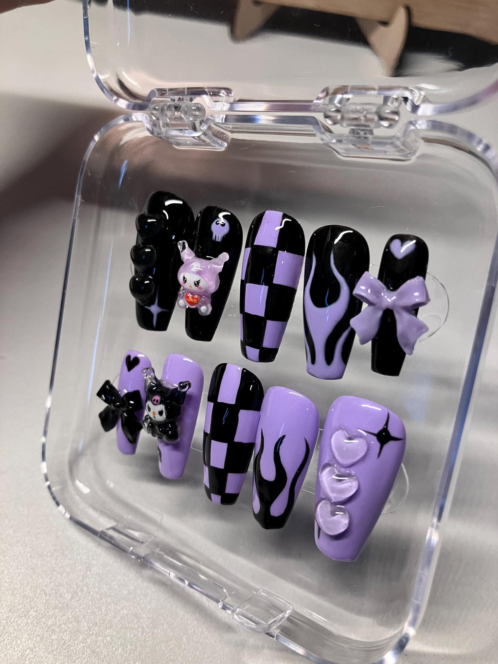 Y2K kuromi style press on nails with application pack handmade to order.