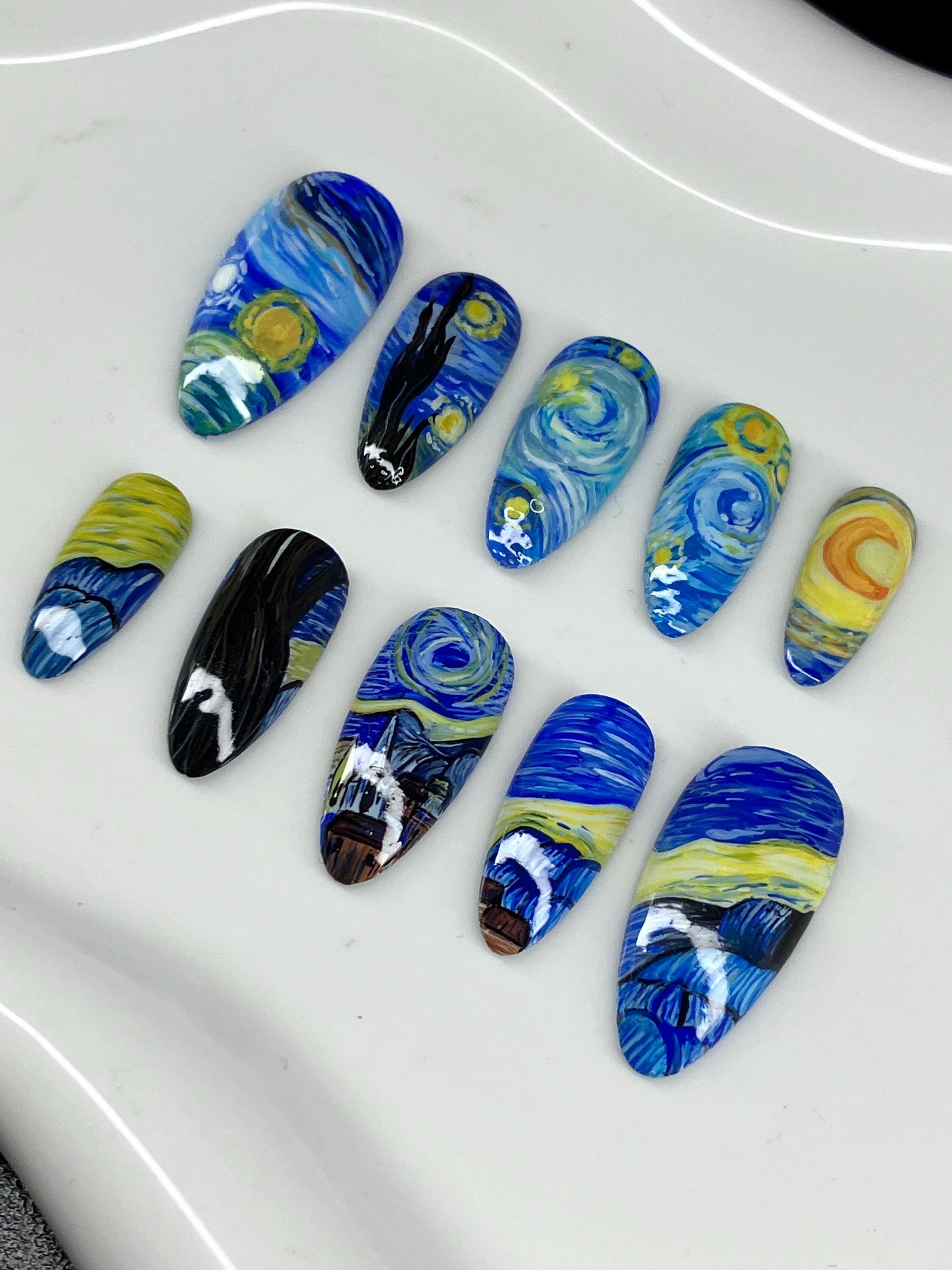 Van Gogh starry night inspired press on nails with application pack