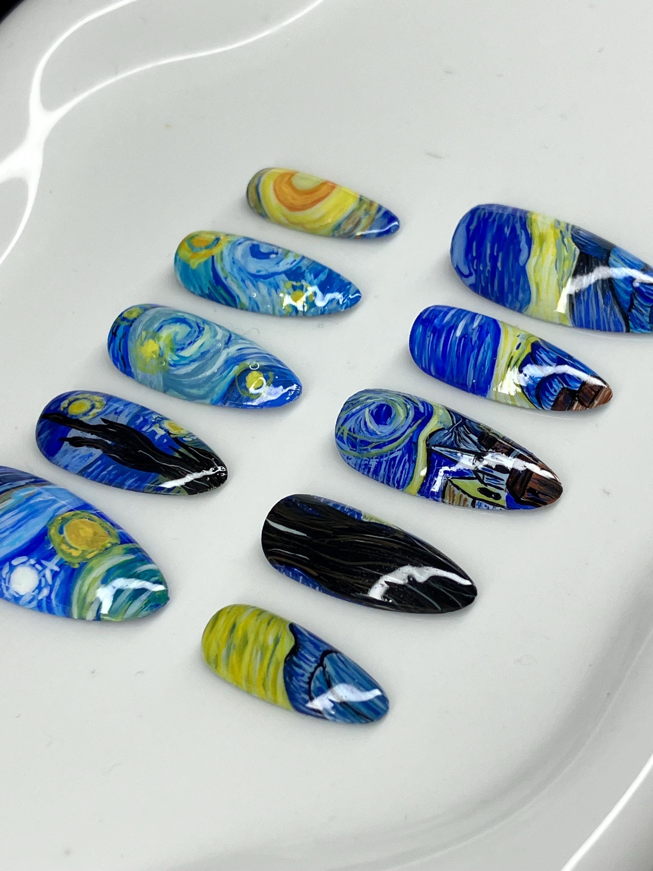Van Gogh starry night inspired press on nails with application pack