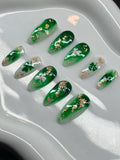 St Patrick's Day Press On Nails: Clover Marble, Gold Leaf Accents