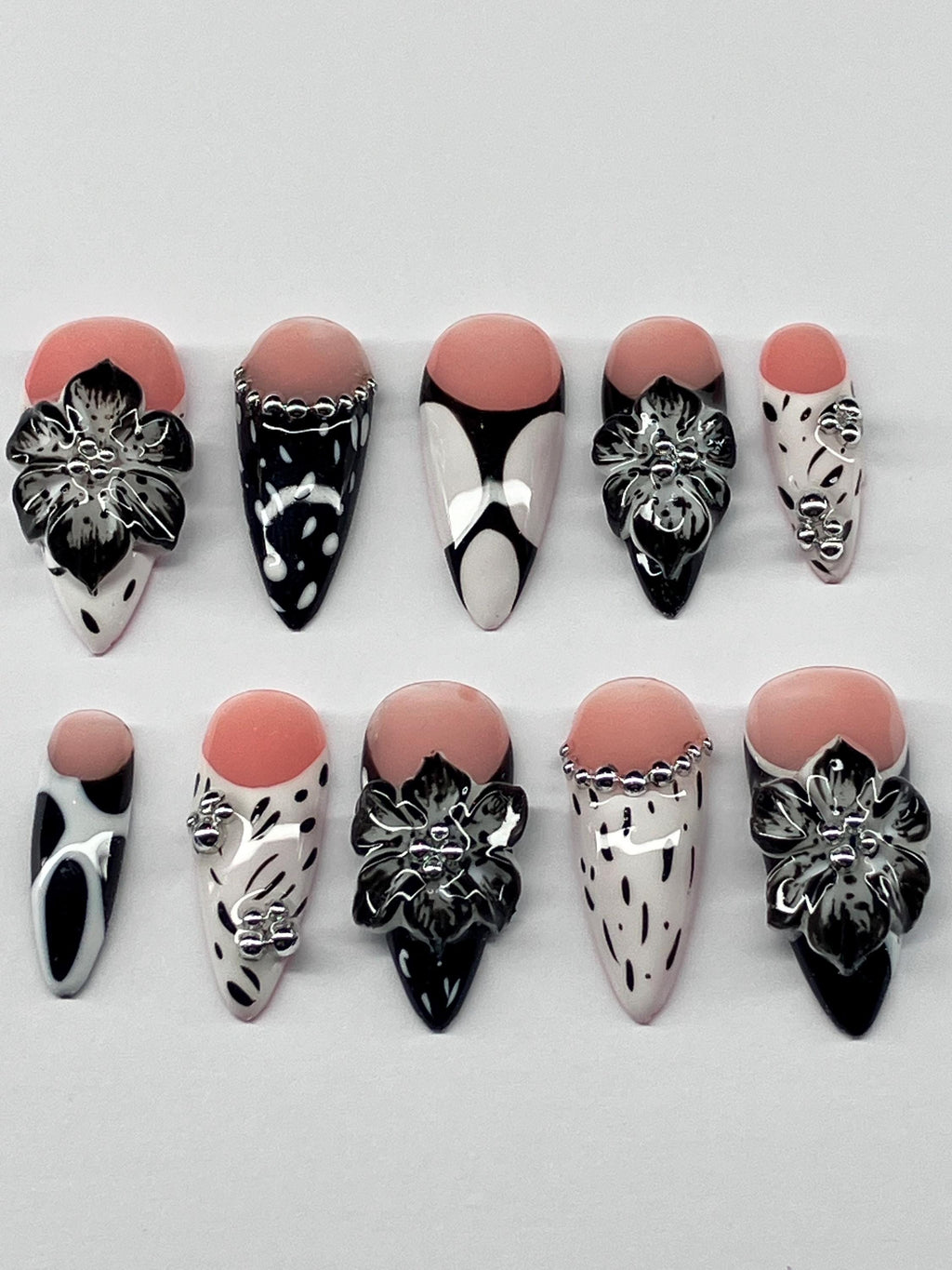Monochrome 3d flowers press on nails with application pack