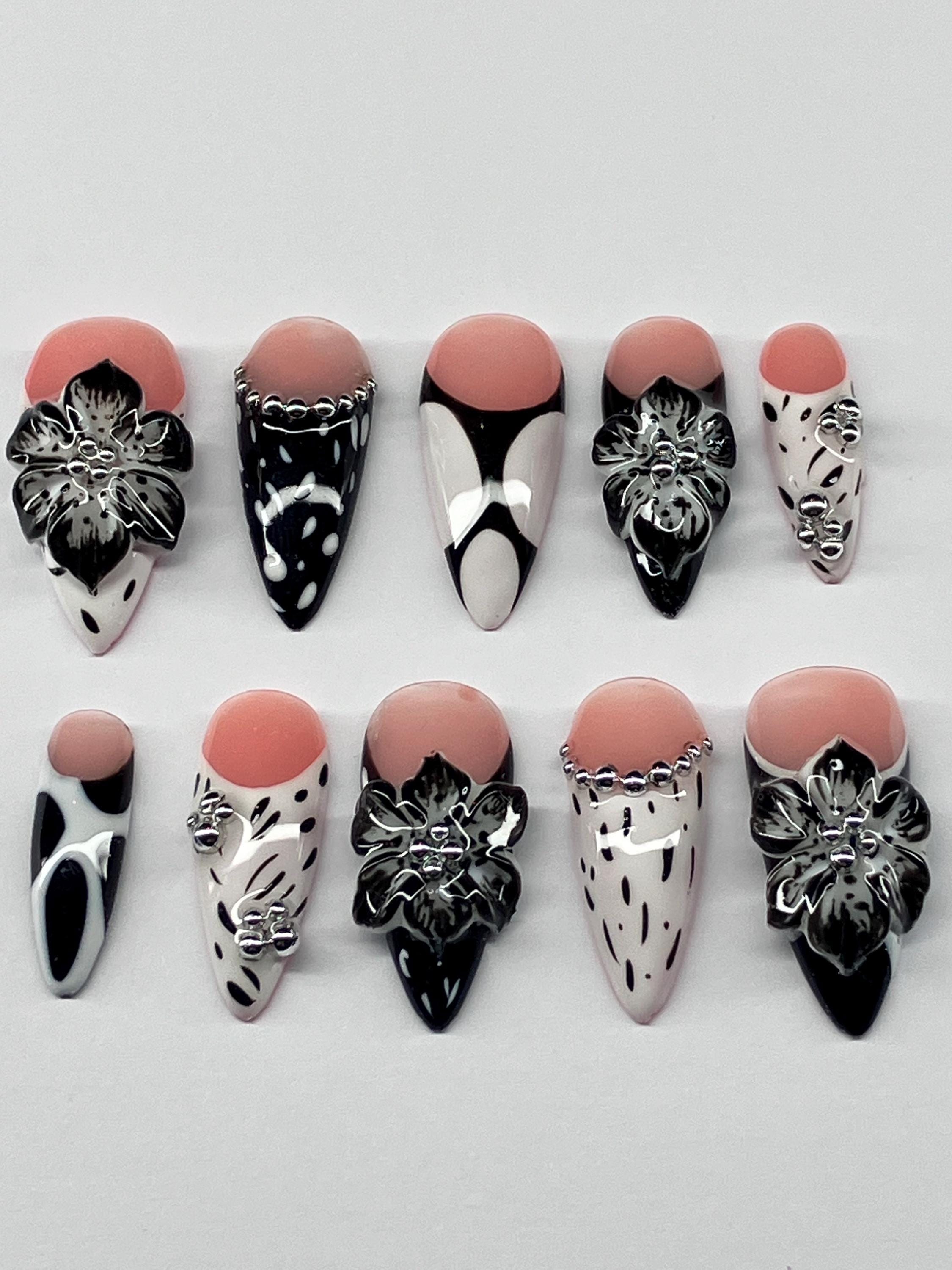 Monochrome 3d flowers press on nails with application pack