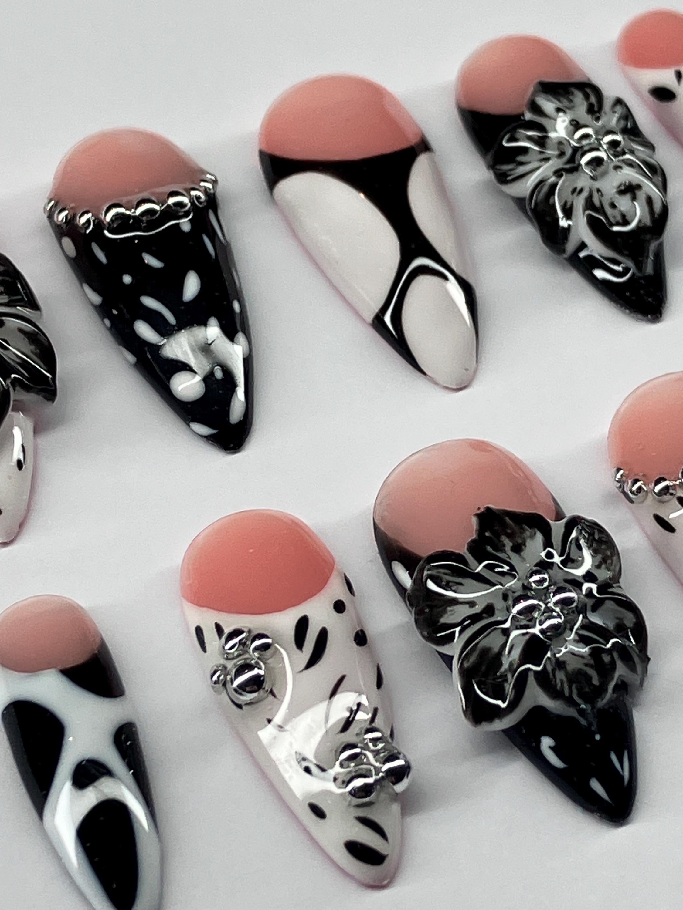 Monochrome 3d flowers press on nails with application pack