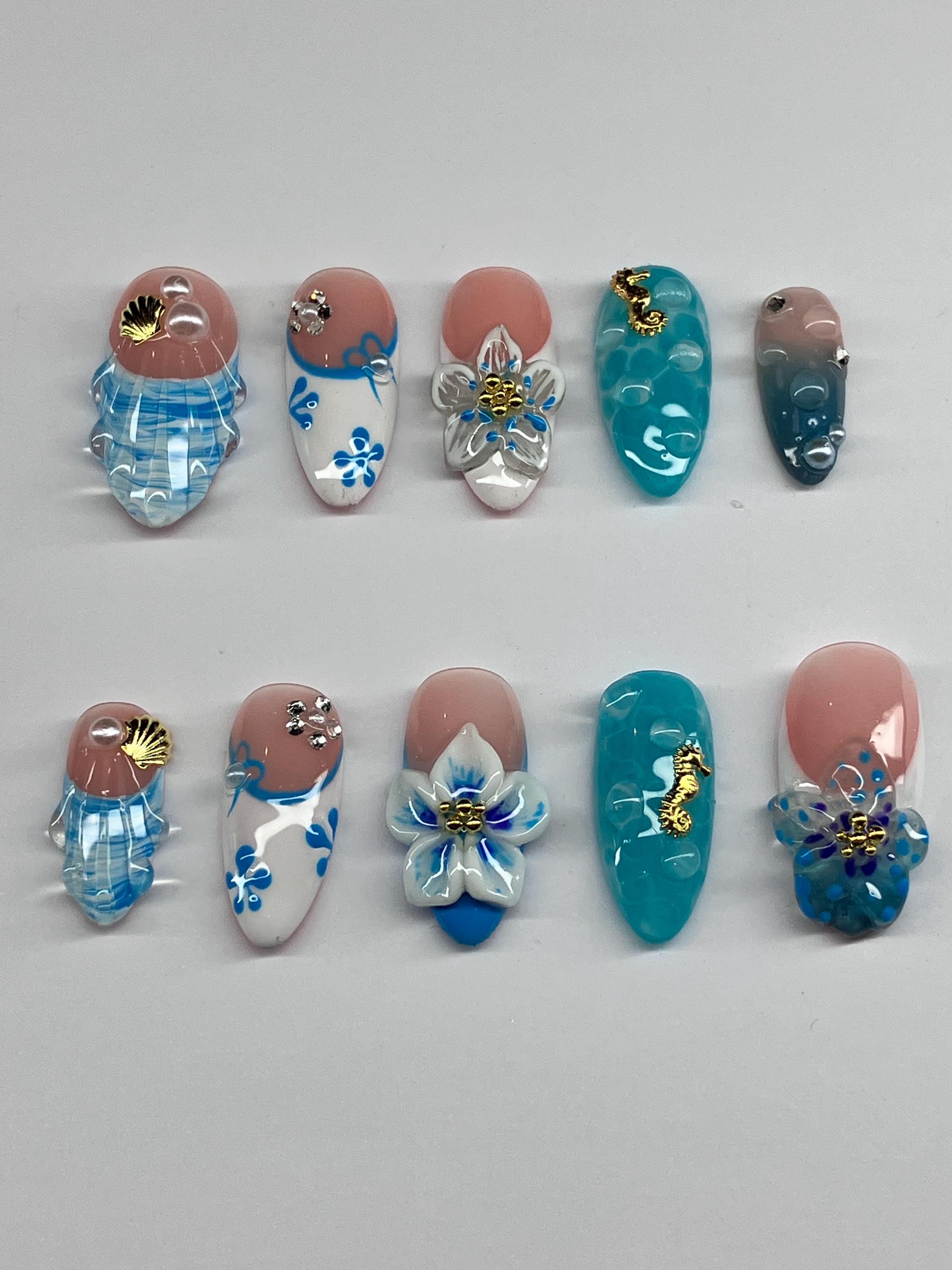 Ocean Vibes Press On Nails: 3D Shell Water Design
