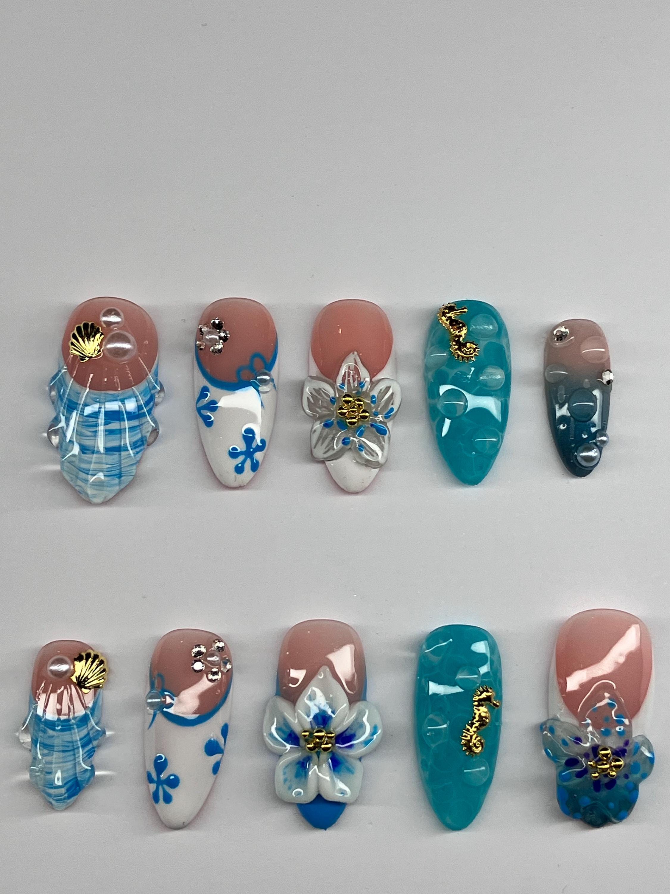 Ocean Vibes Press On Nails: 3D Shell Water Design