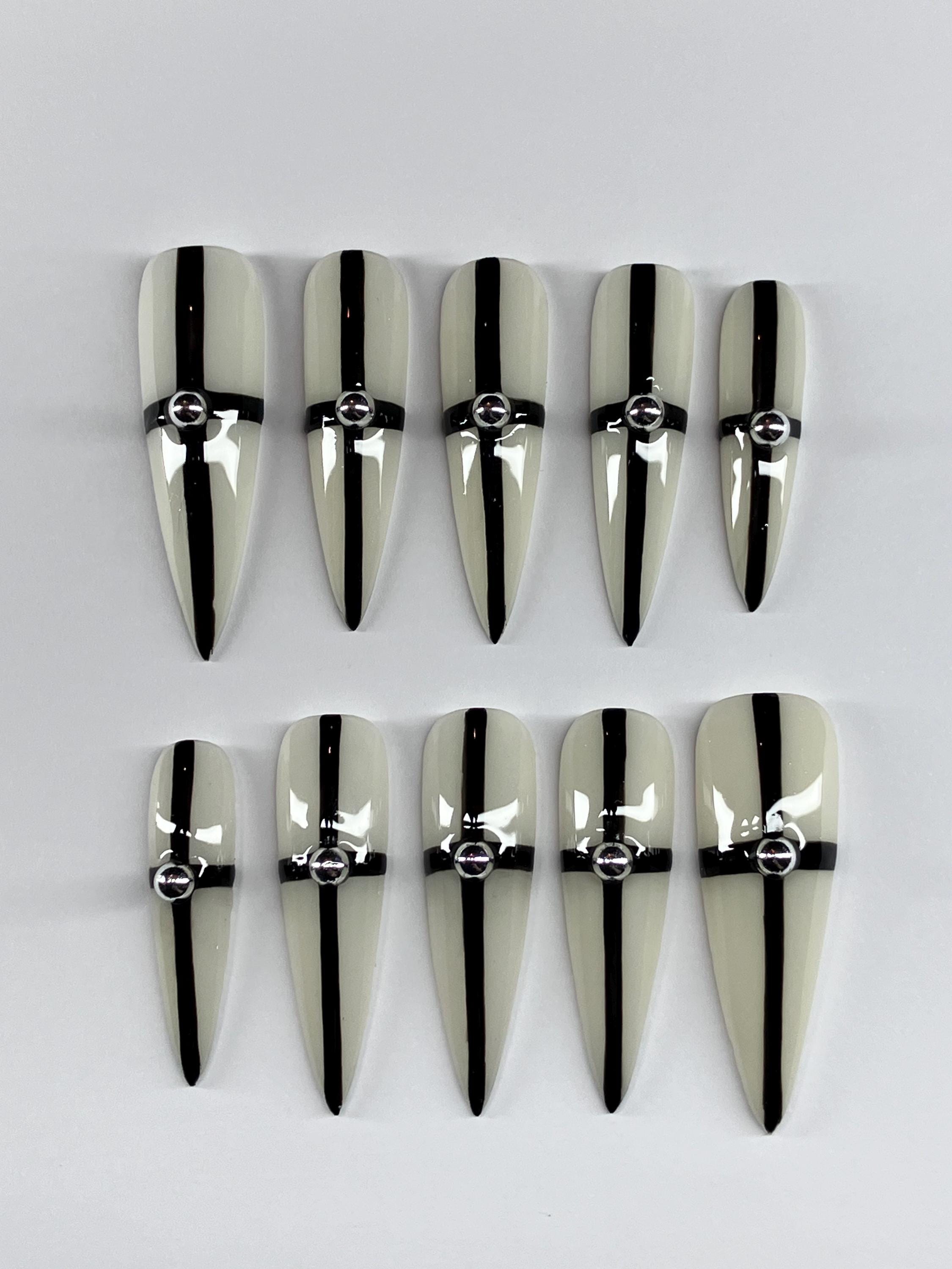 Handmade Gothic Cross Press On Nails: Milky White Base