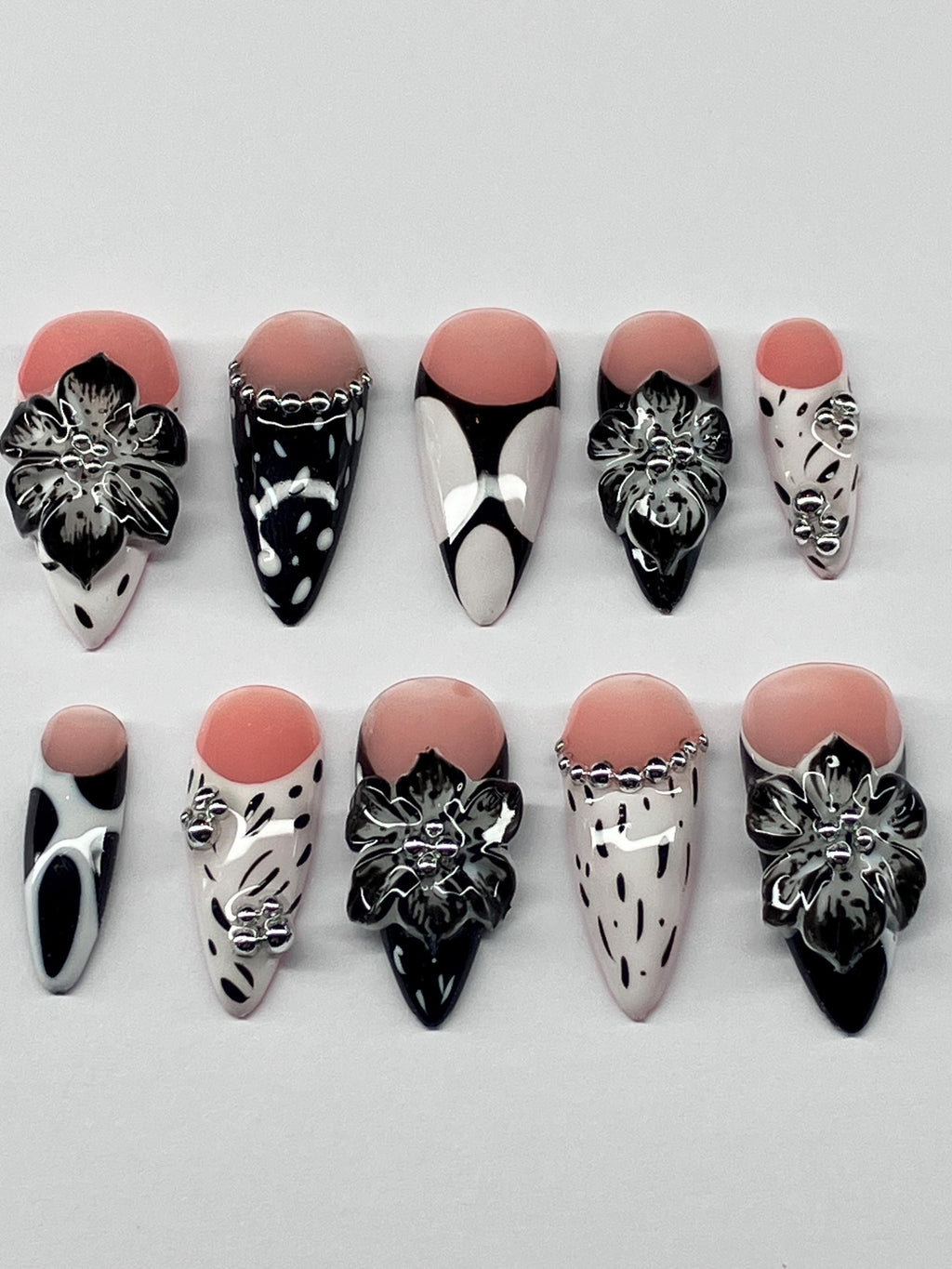 Monochrome 3d flowers press on nails with application pack