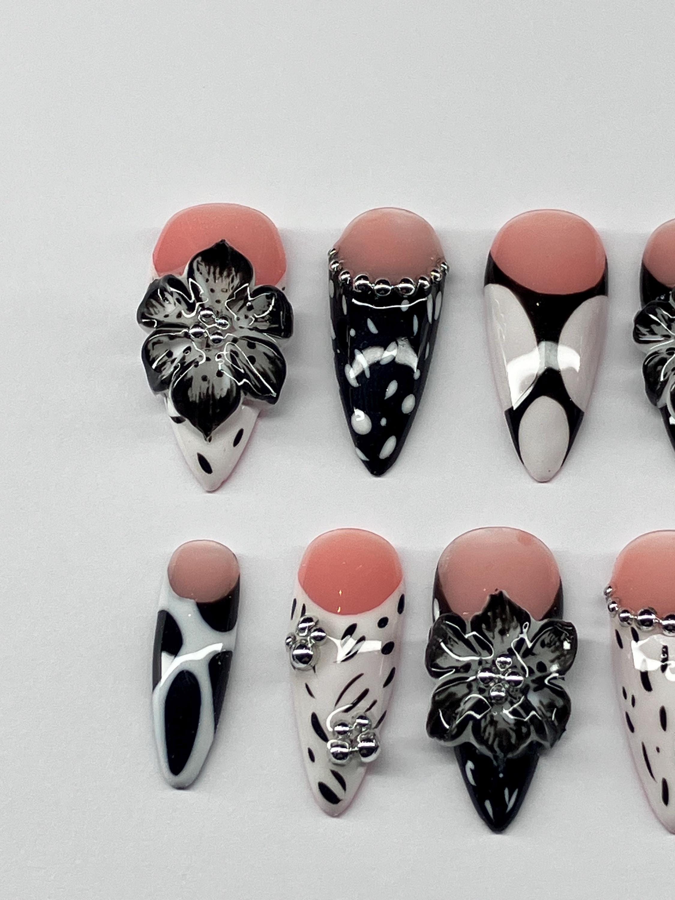 Monochrome 3d flowers press on nails with application pack