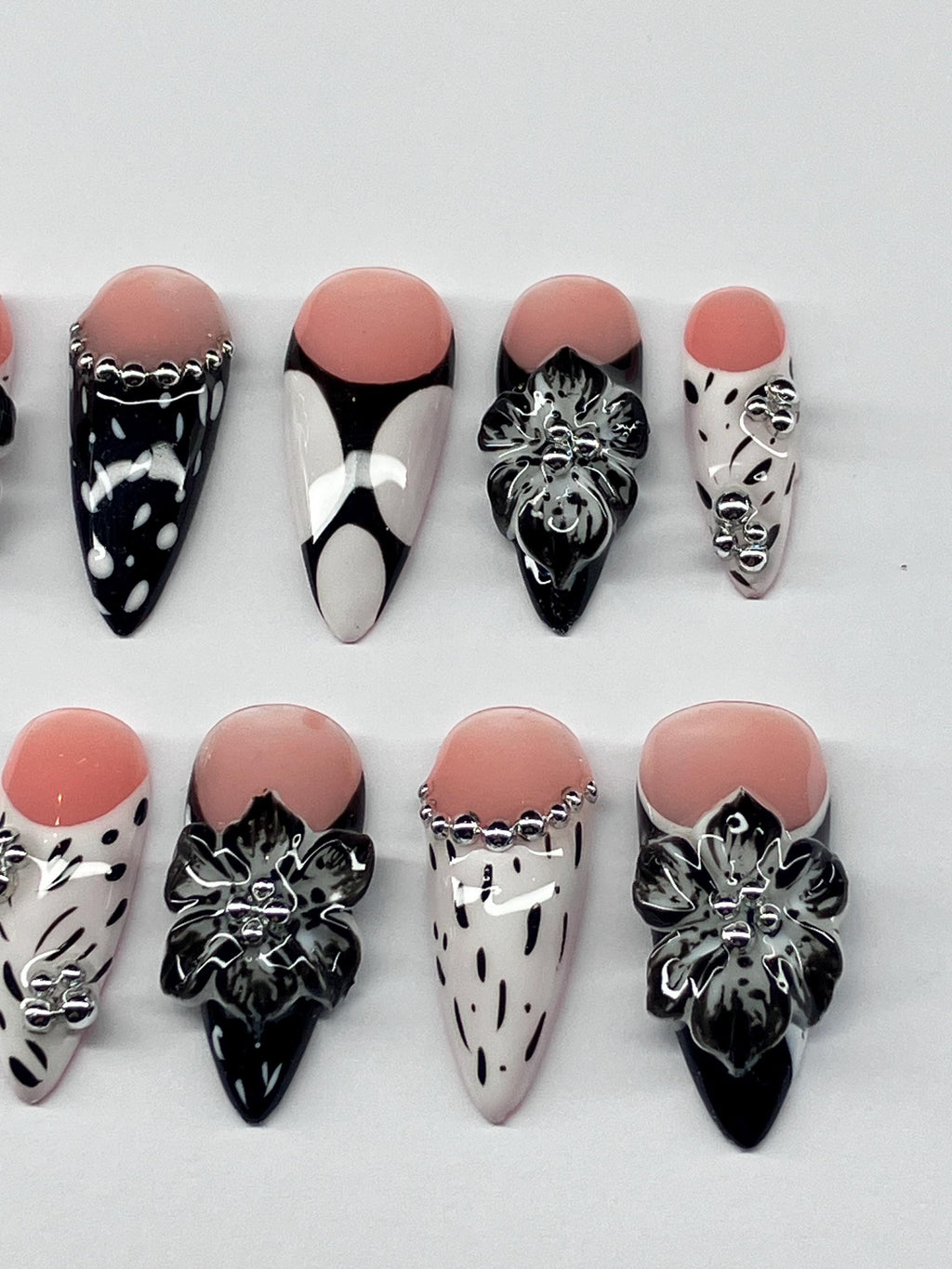 Monochrome 3d flowers press on nails with application pack