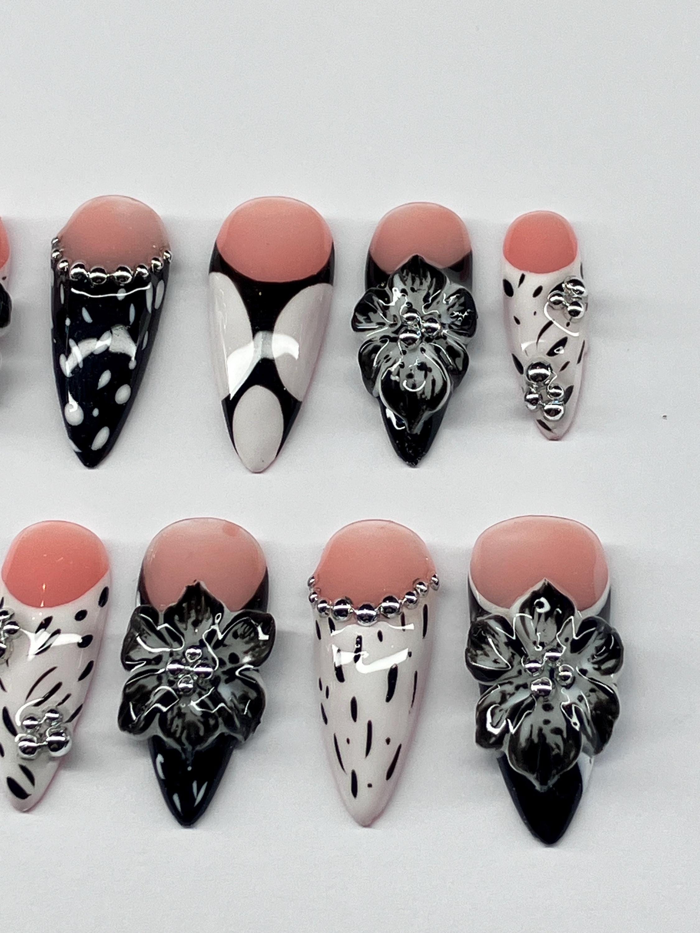 Monochrome 3d flowers press on nails with application pack