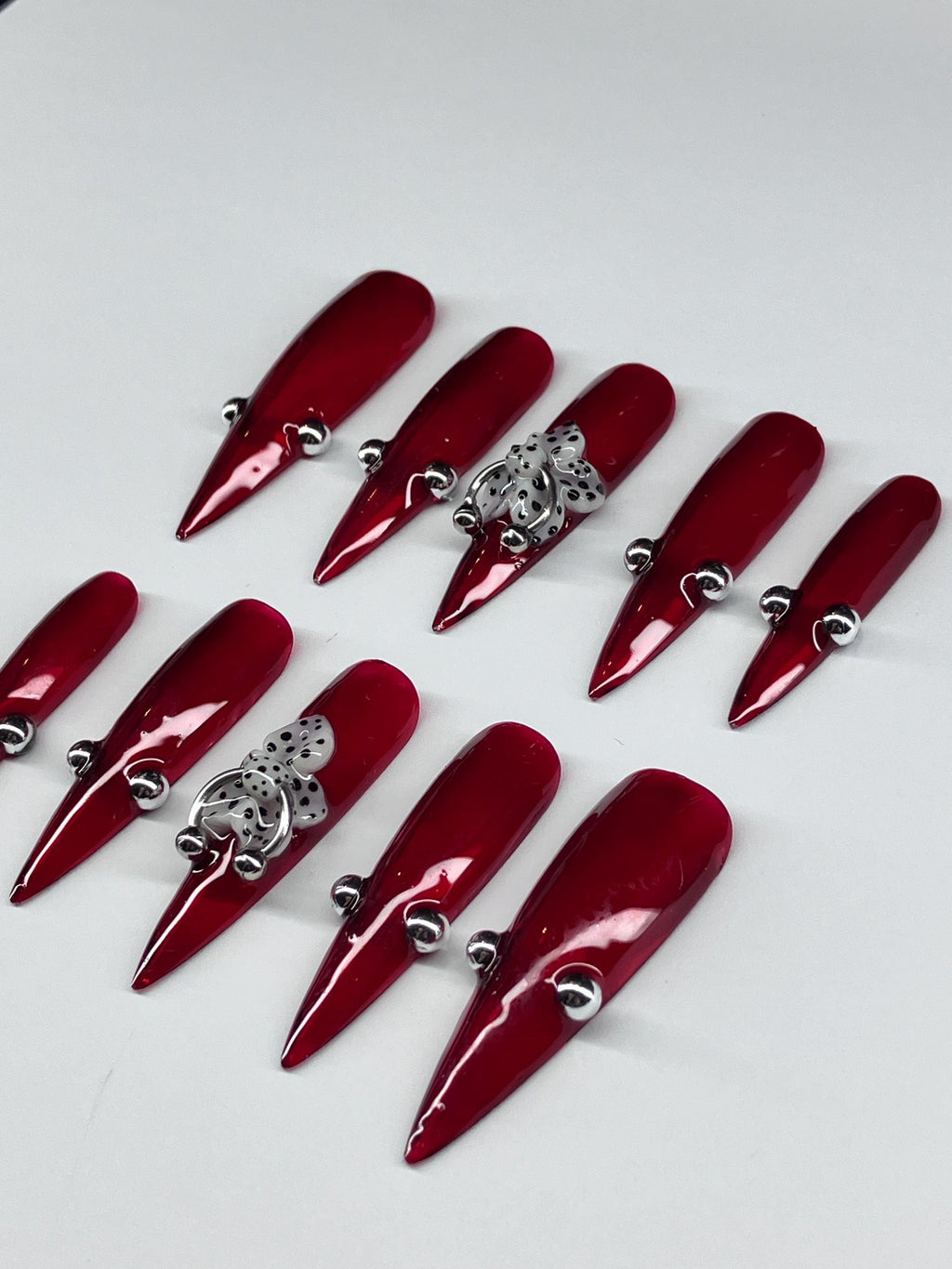 Jelly red with 3d flower press on nails with piercings and application pack