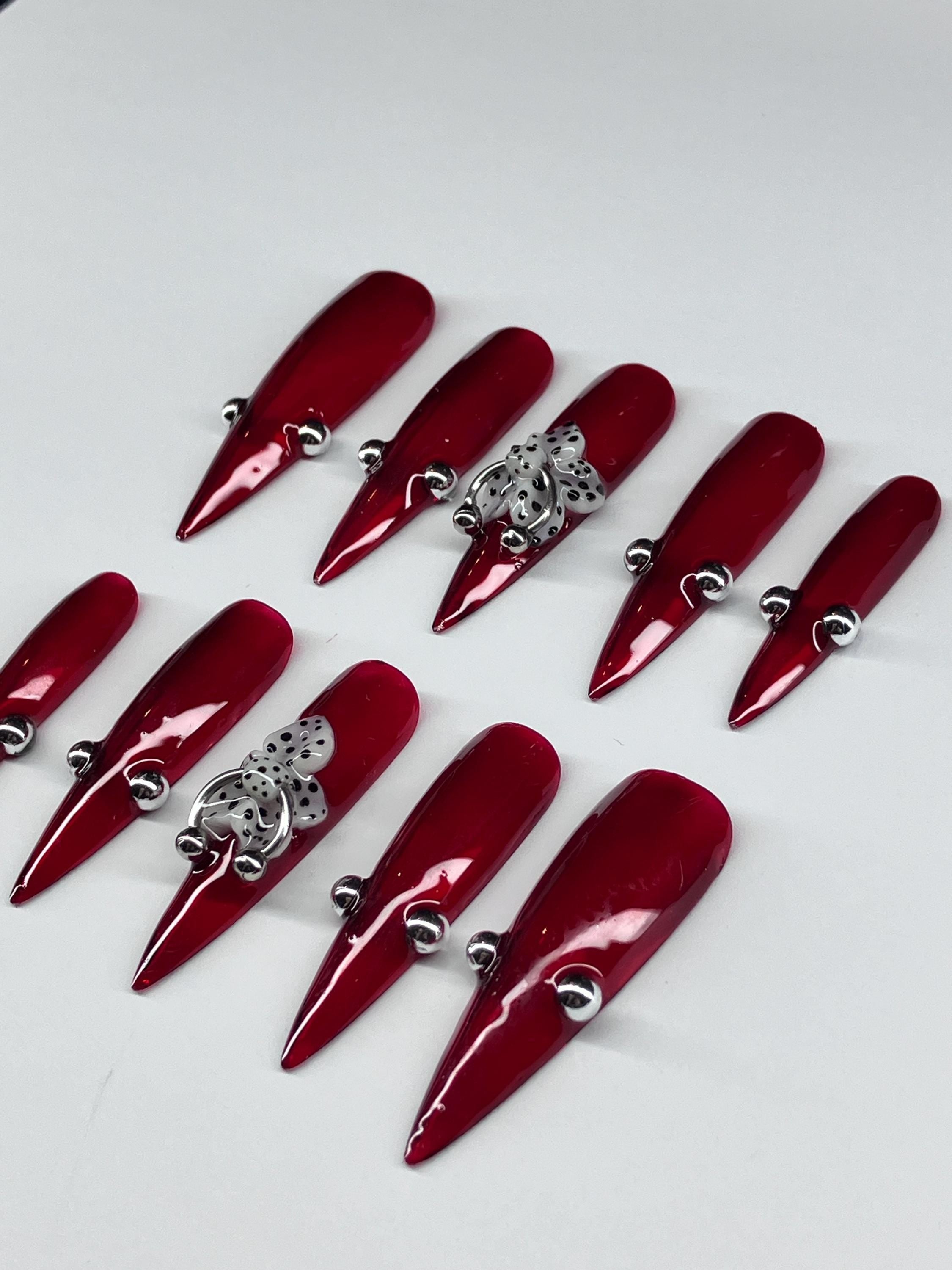 Jelly red with 3d flower press on nails with piercings and application pack