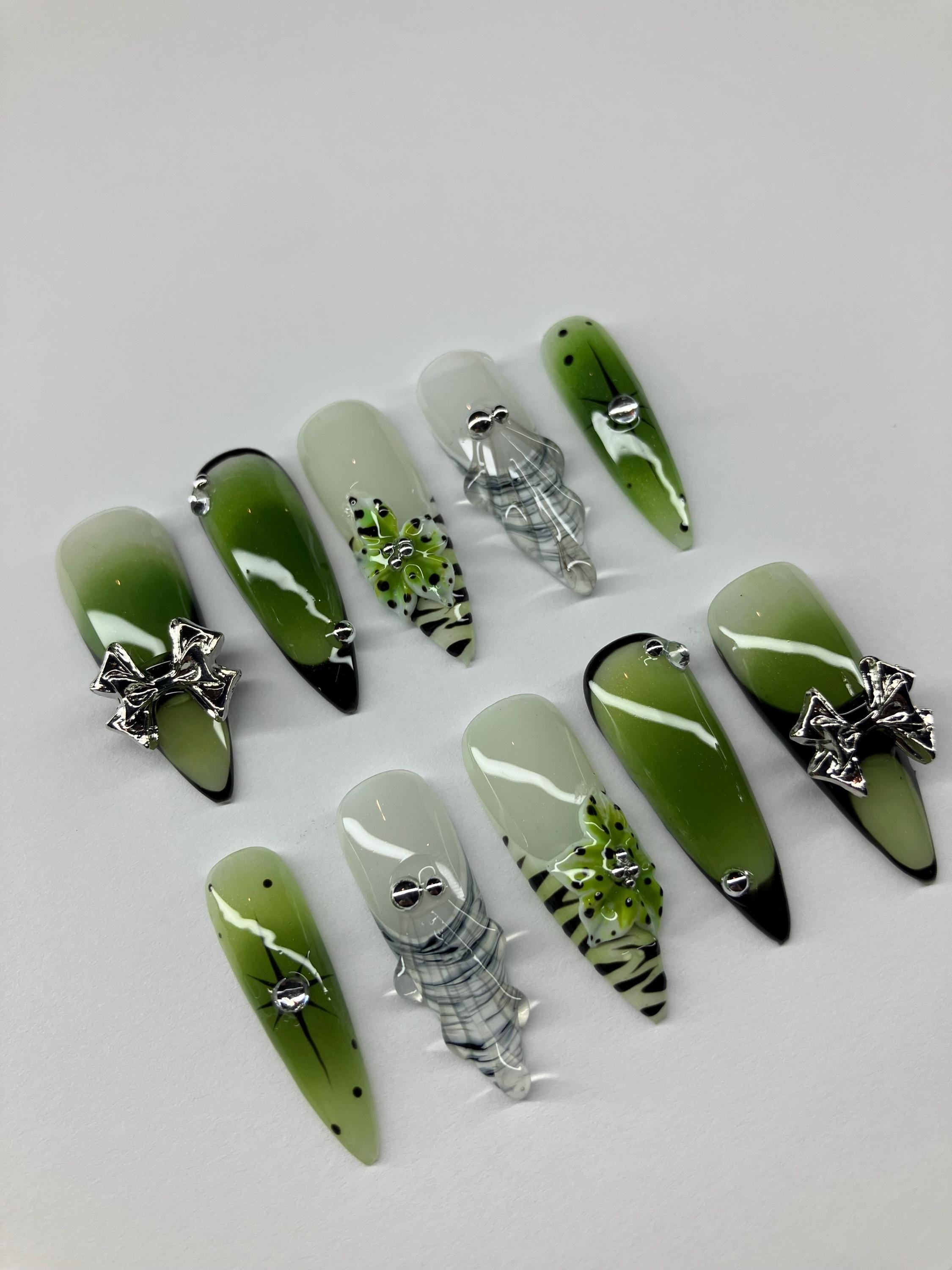 Matcha Green Press On Nails: Aura Design with 3D Flowers