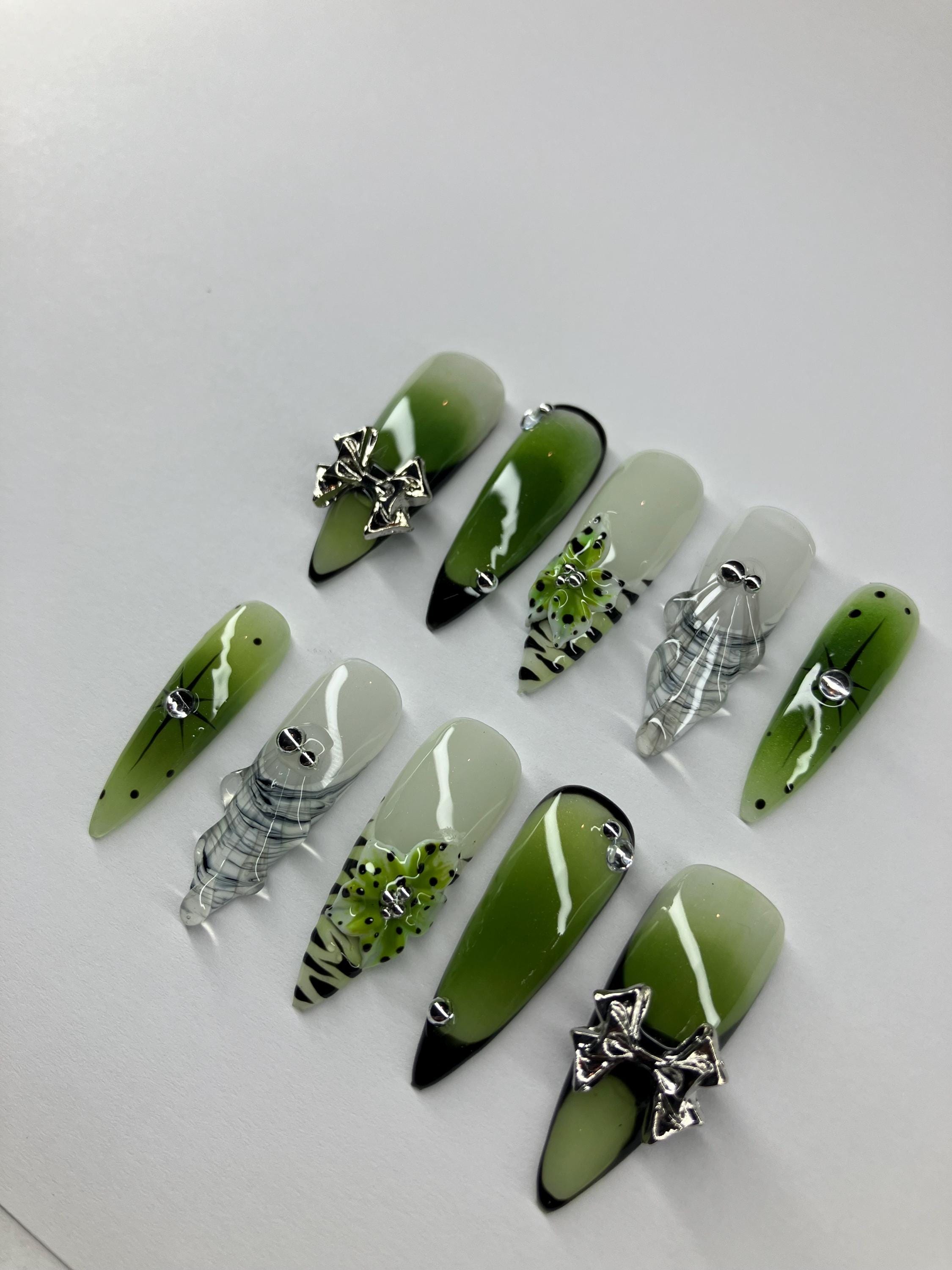 Matcha Green Press On Nails: Aura Design with 3D Flowers