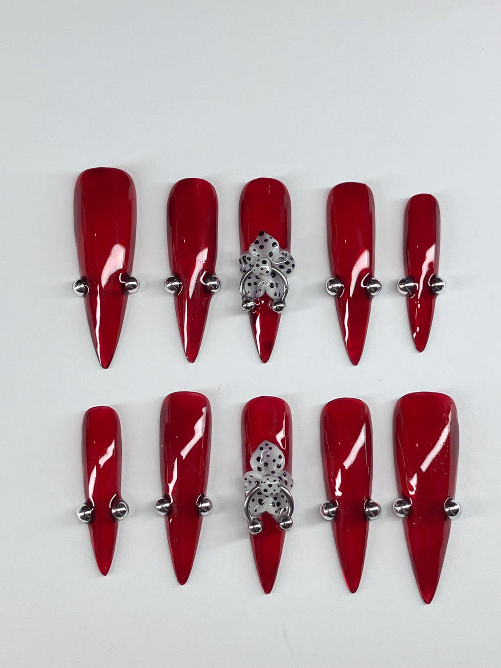 Jelly red with 3d flower press on nails with piercings and application pack