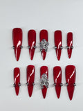 Jelly red with 3d flower press on nails with piercings and application pack