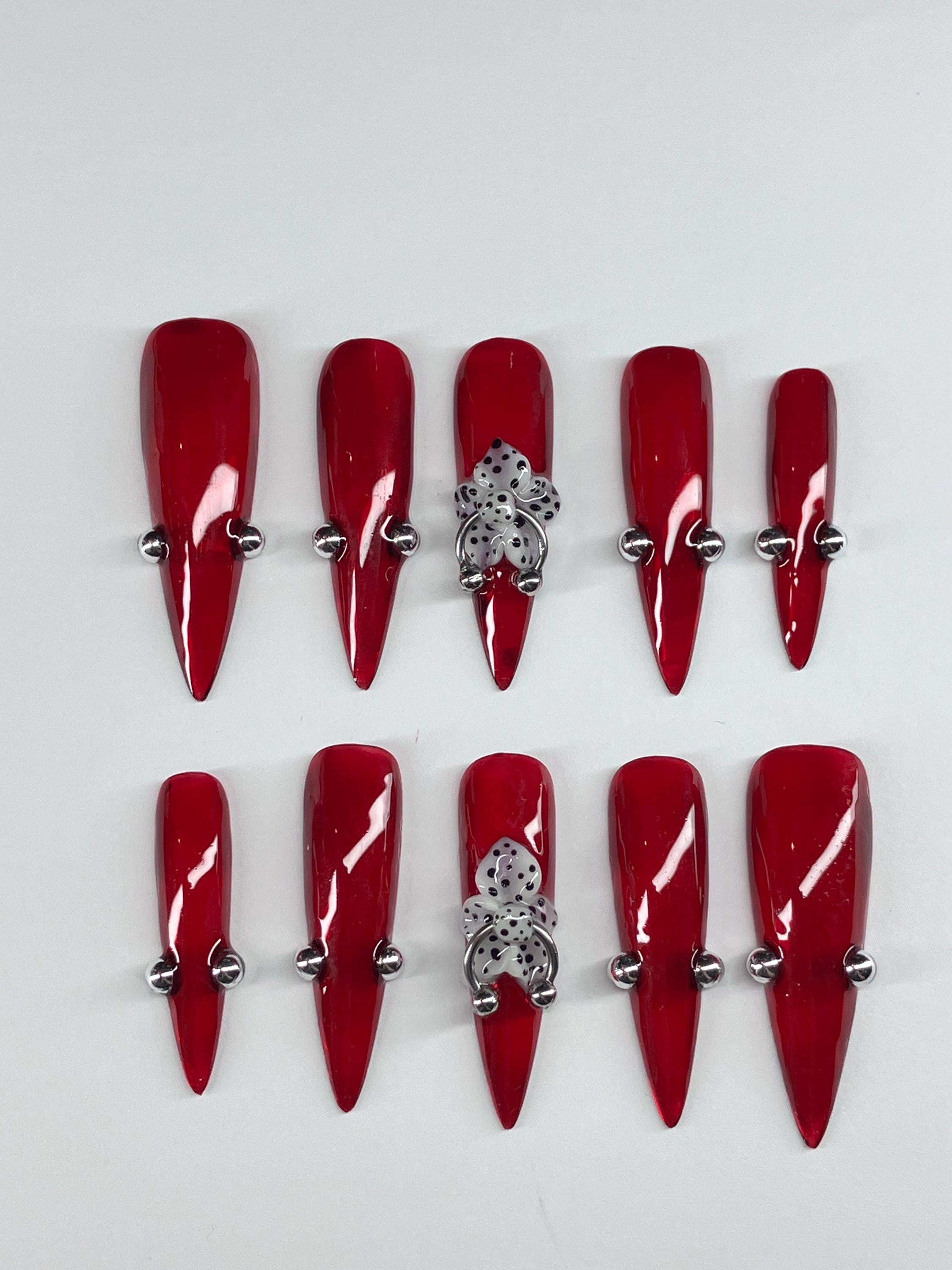 Jelly red with 3d flower press on nails with piercings and application pack