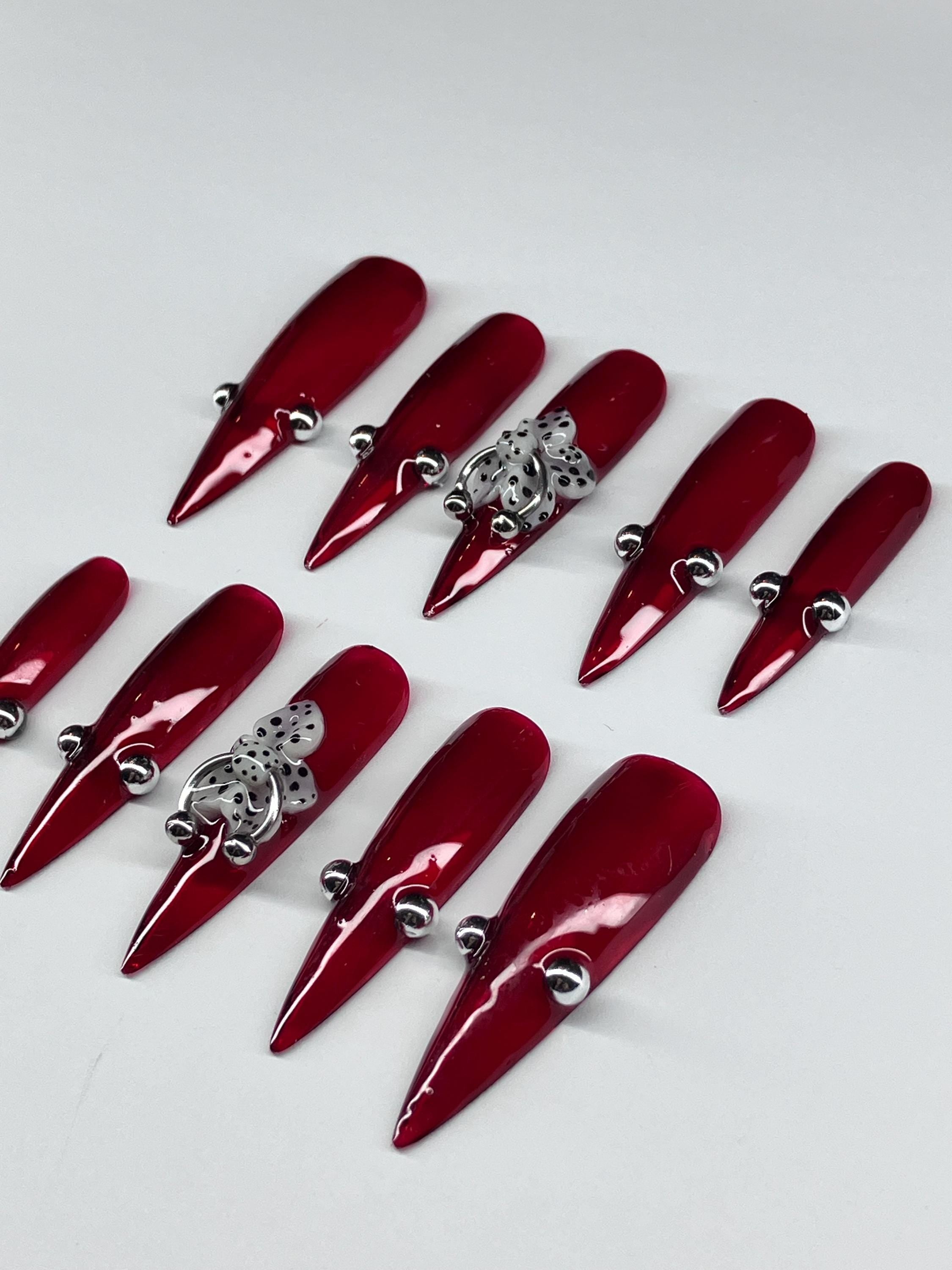 Jelly red with 3d flower press on nails with piercings and application pack