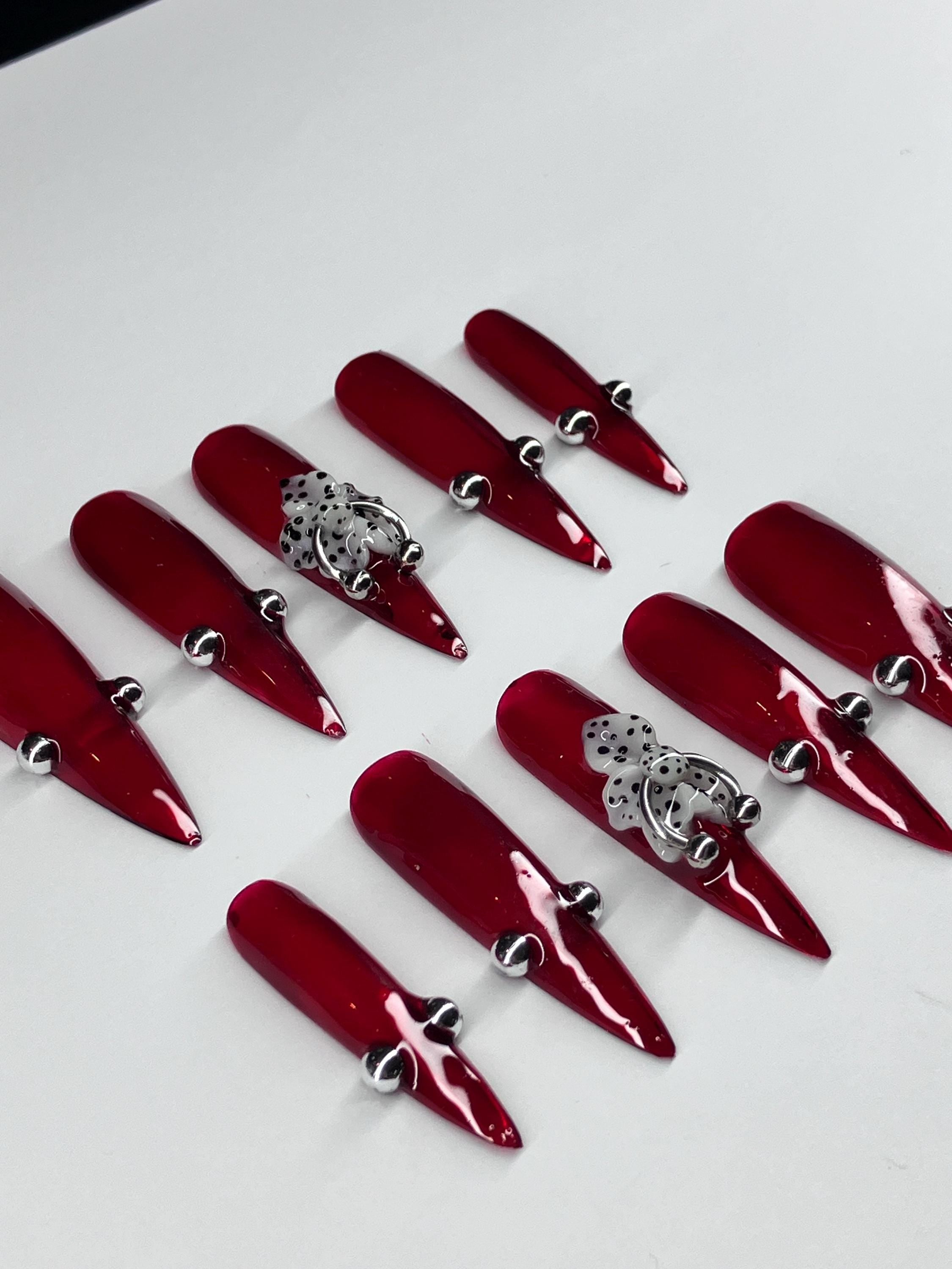 Jelly red with 3d flower press on nails with piercings and application pack