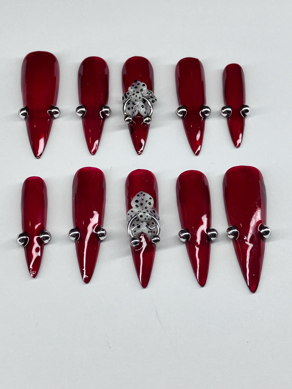 Jelly red with 3d flower press on nails with piercings and application pack