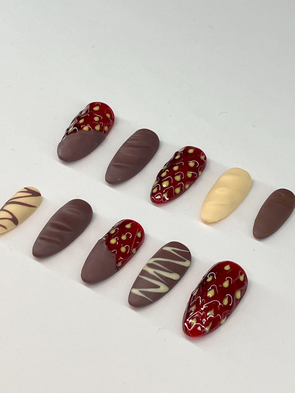Chocolate covered strawberries inspired press on nails with application pack