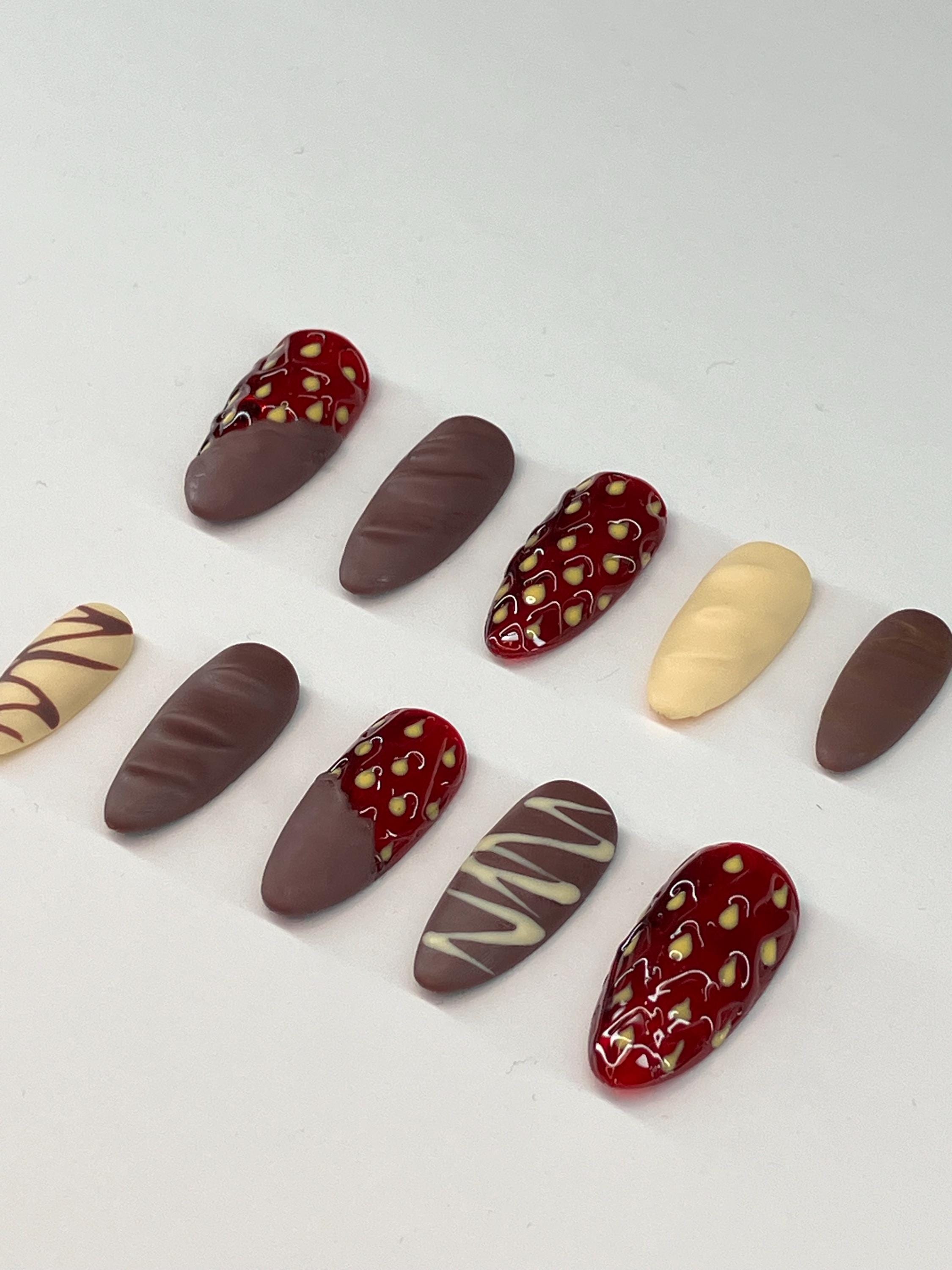 Chocolate covered strawberries inspired press on nails with application pack