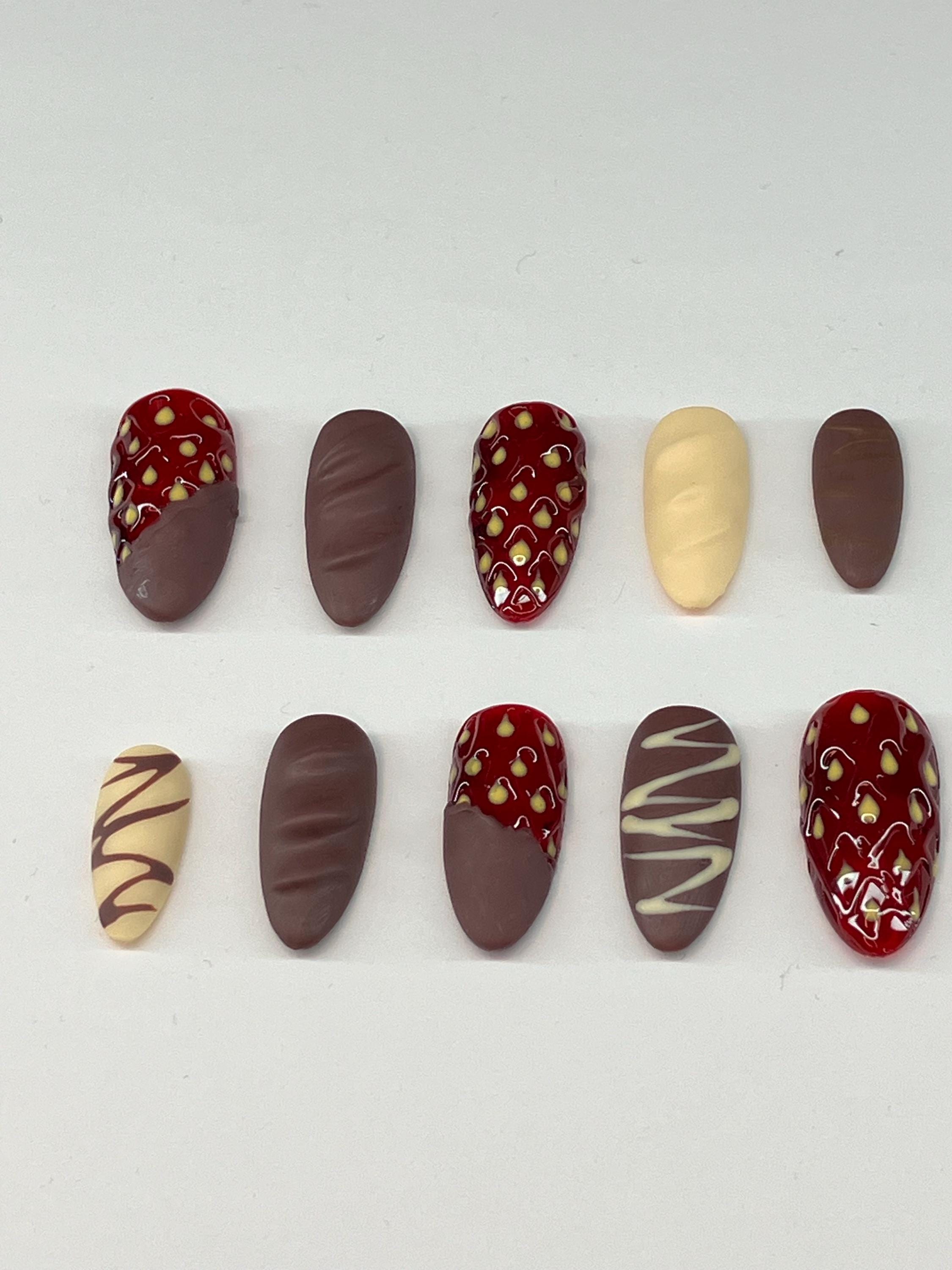 Chocolate covered strawberries inspired press on nails with application pack