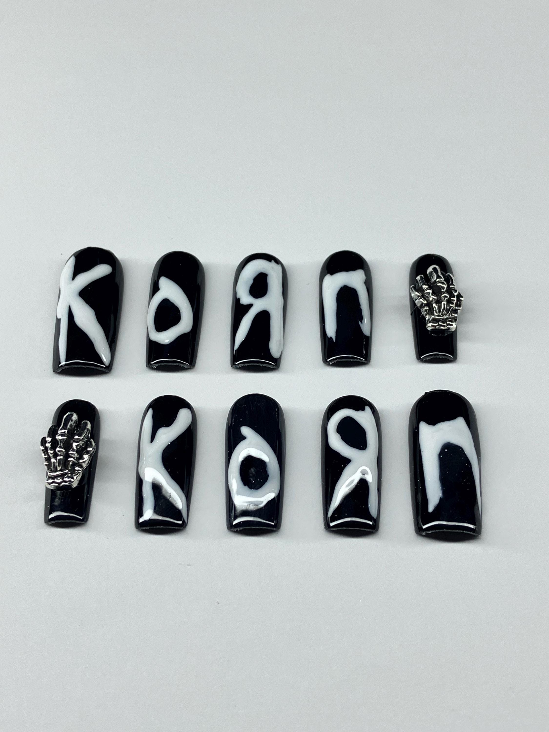 Monochrome KORN inspired press on nails with application pack