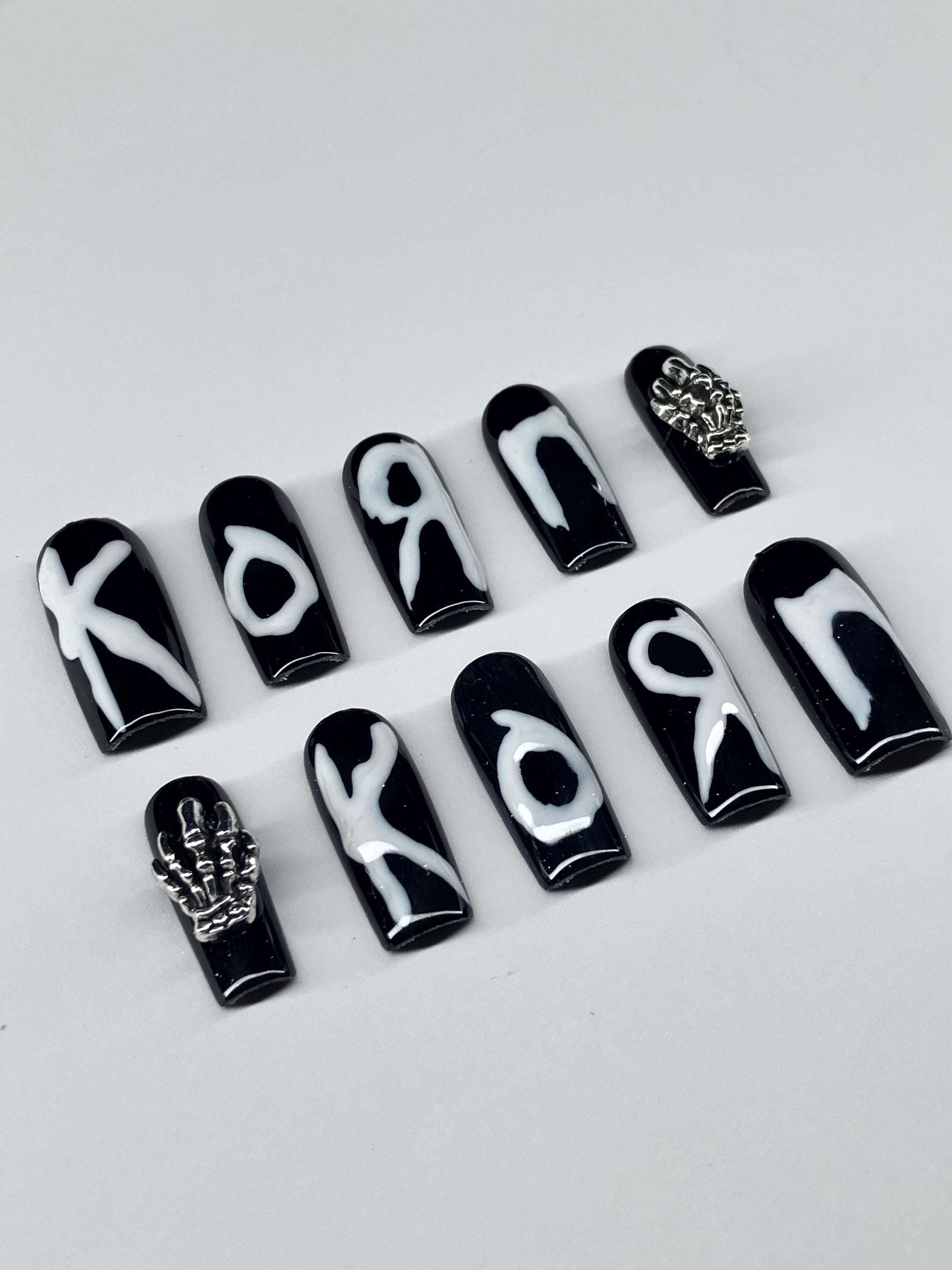 Monochrome KORN inspired press on nails with application pack