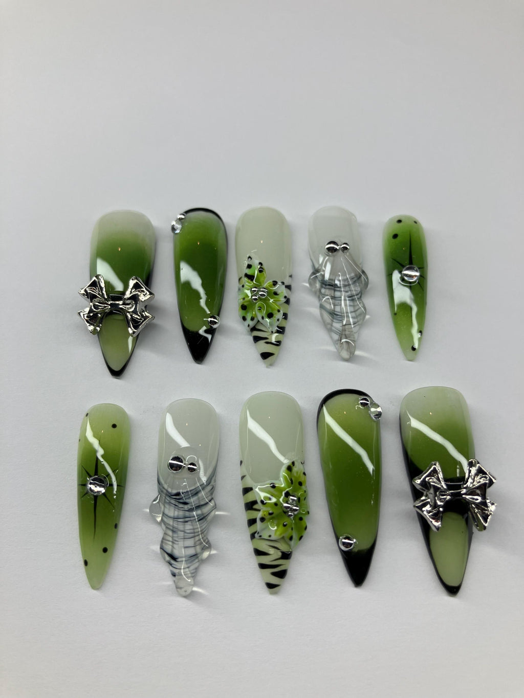 Matcha Green Press On Nails: Aura Design with 3D Flowers