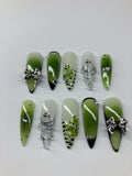Matcha Green Press On Nails: Aura Design with 3D Flowers