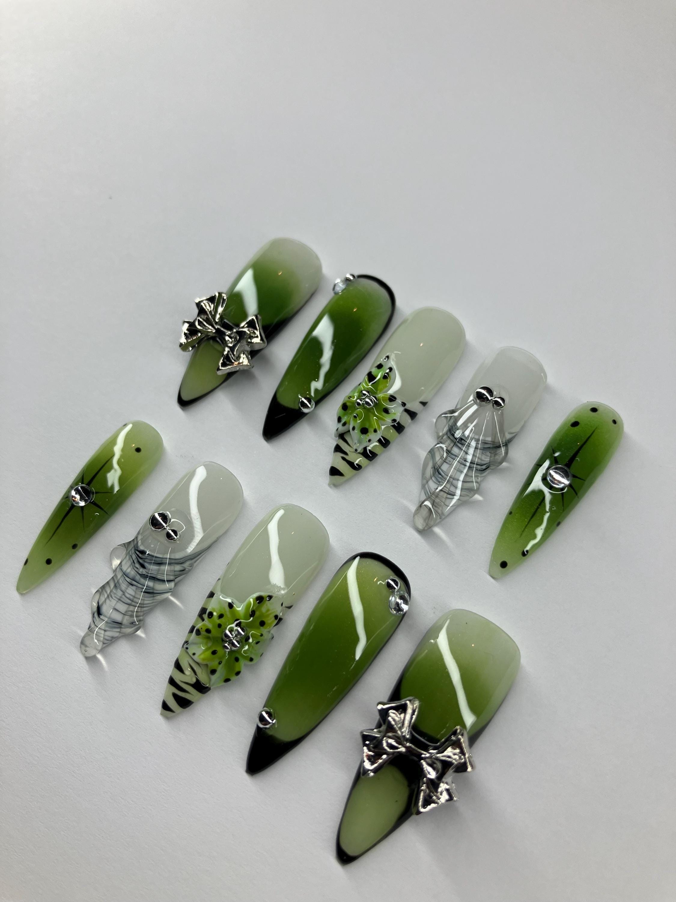 Matcha Green Press On Nails: Aura Design with 3D Flowers