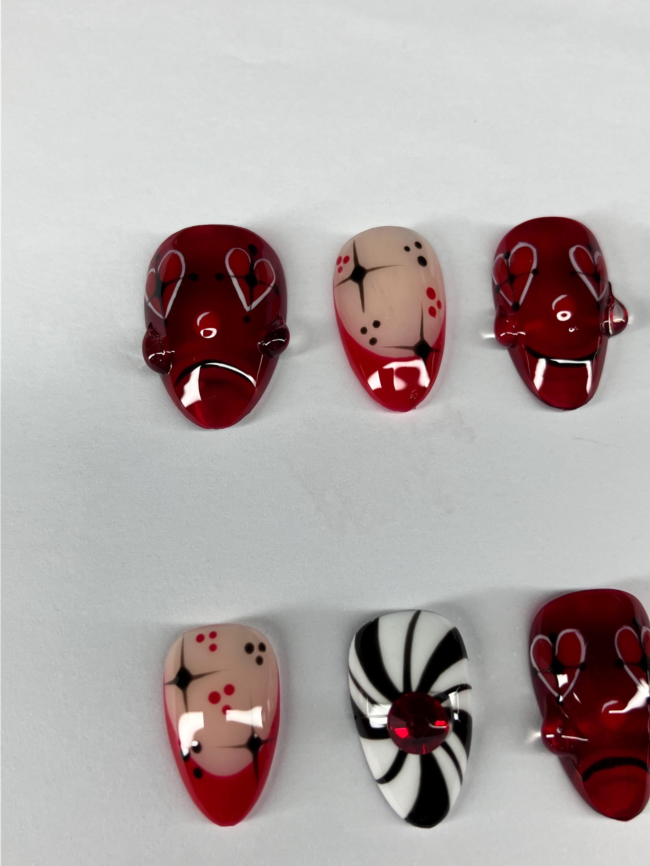 Red Black Clown Face Press-On Nails, Circus 3D Nail Art Application Pack