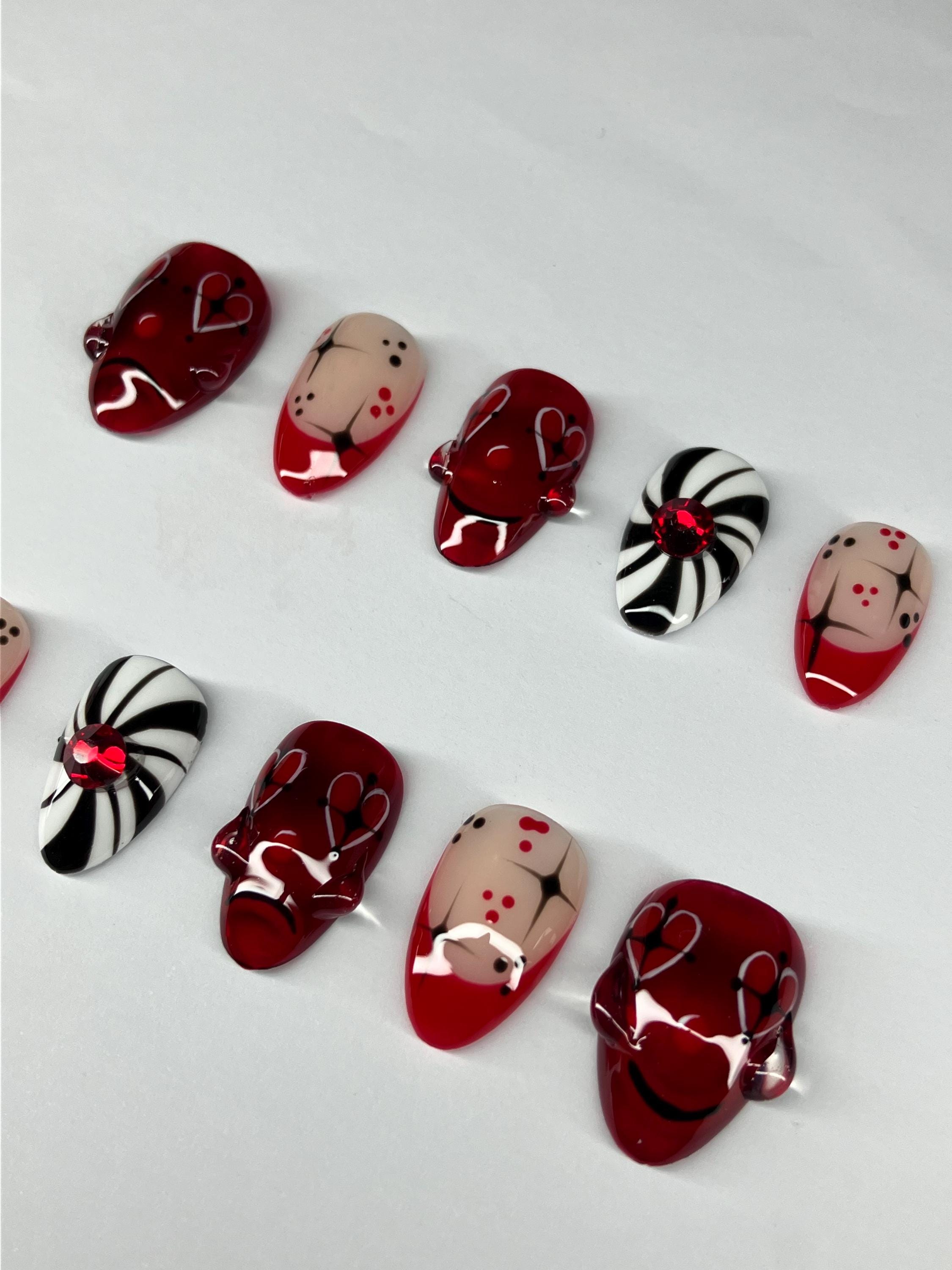 Red Black Clown Face Press-On Nails, Circus 3D Nail Art Application Pack