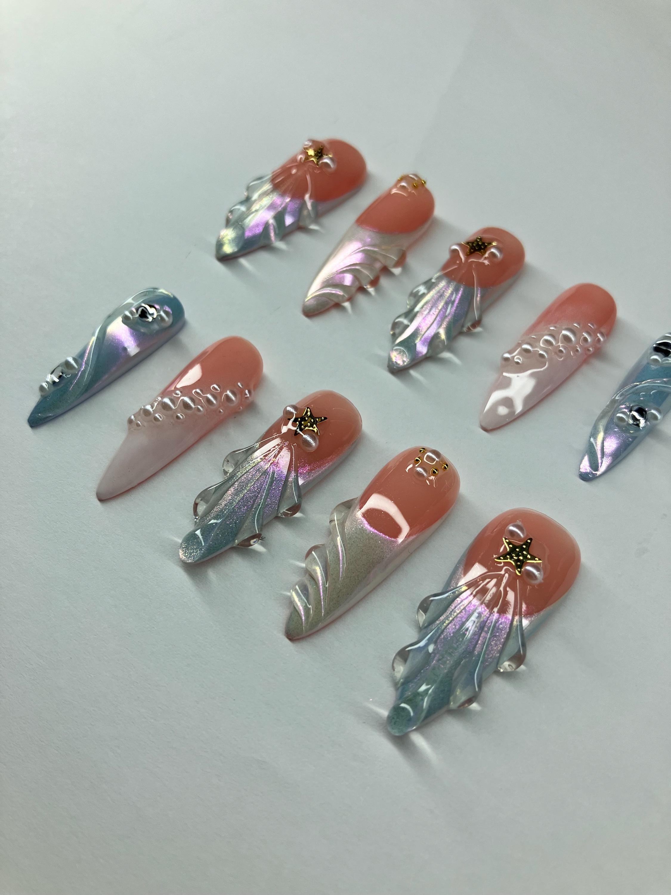 Under the sea chrome press on nails with 3d nail art application pack included