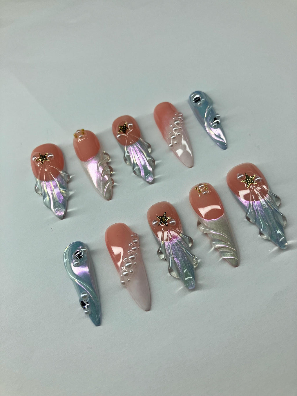 Under the sea chrome press on nails with 3d nail art application pack included