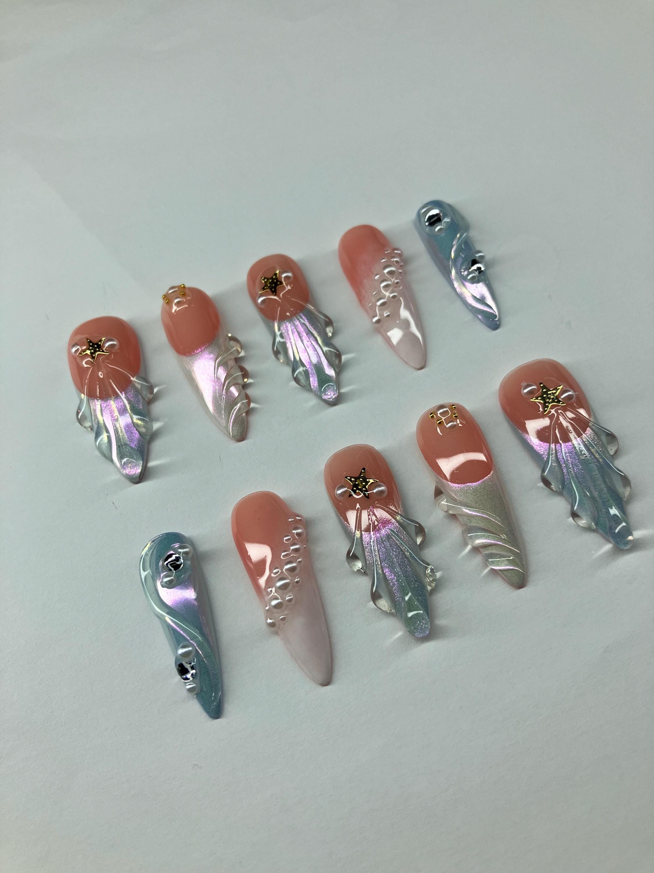 Under the sea chrome press on nails with 3d nail art application pack included